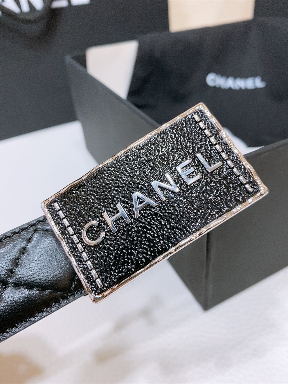 Chanel Quilted Leather Belt with Silver Logo Buckle