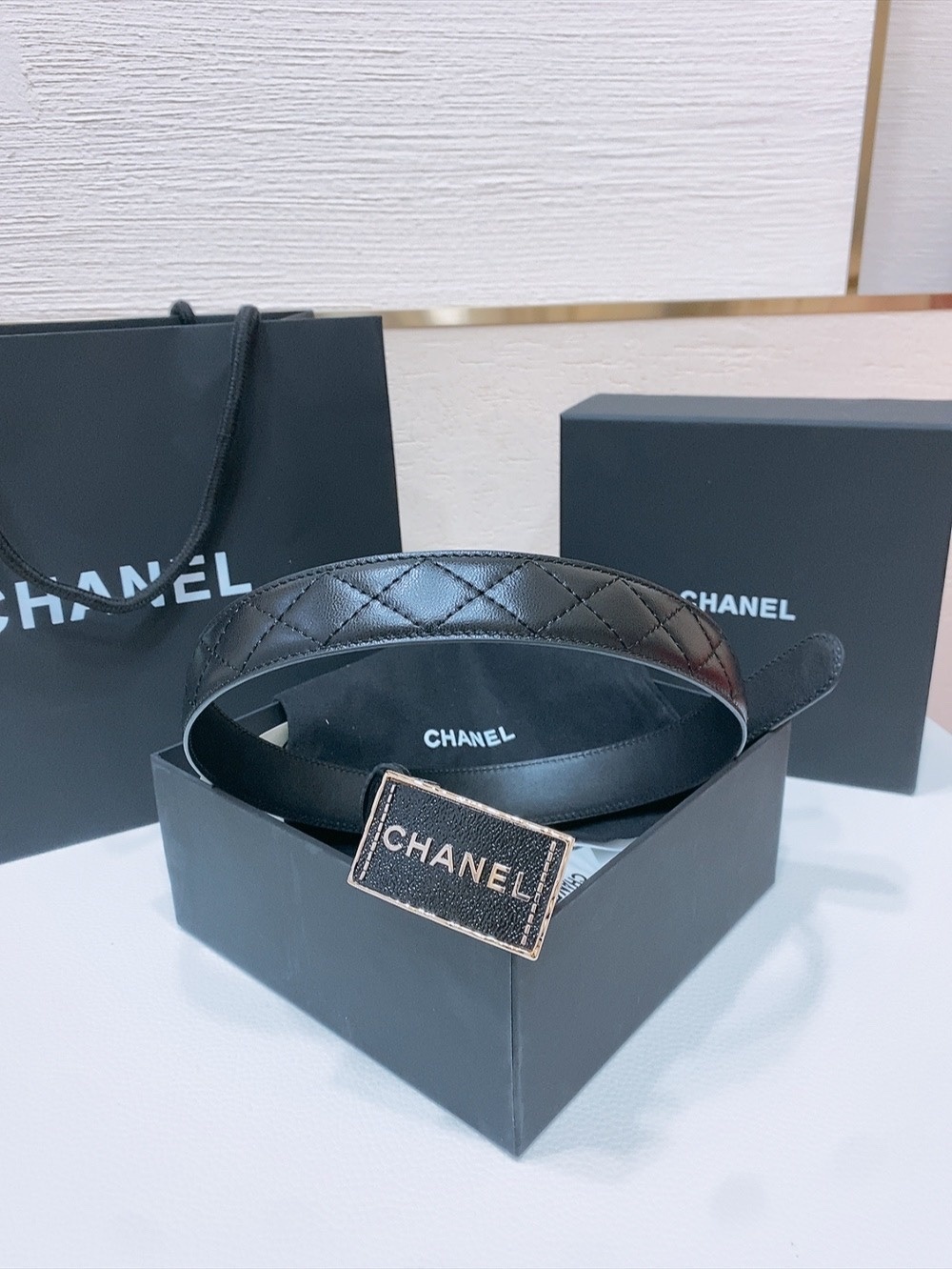 Chanel Quilted Leather Belt with Rectangular Gold Buckle