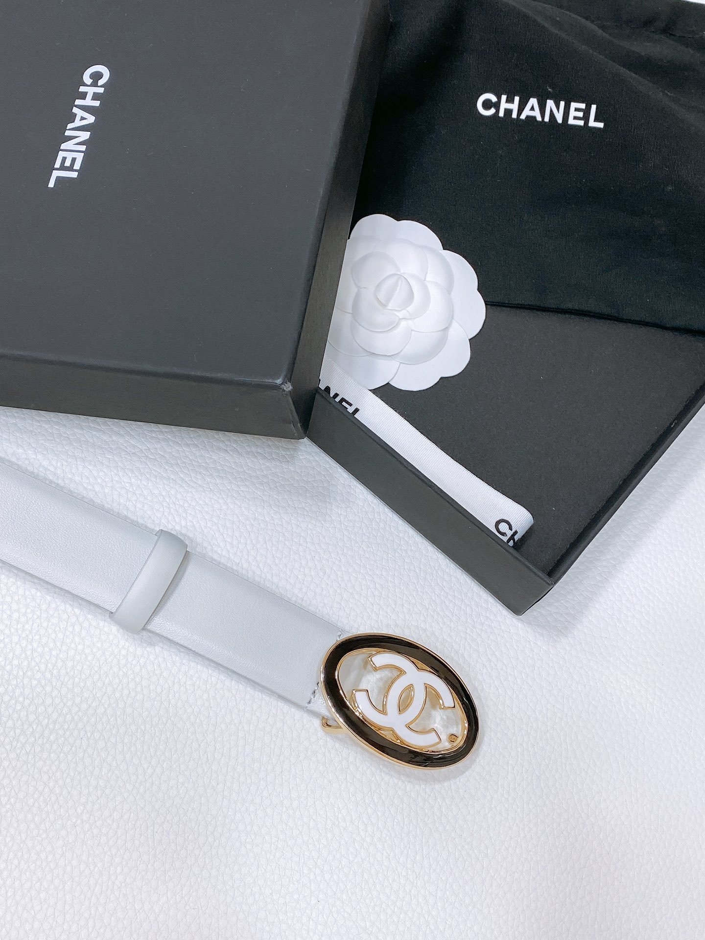 Chanel White Leather Belt with Oval Enamel CC Buckle