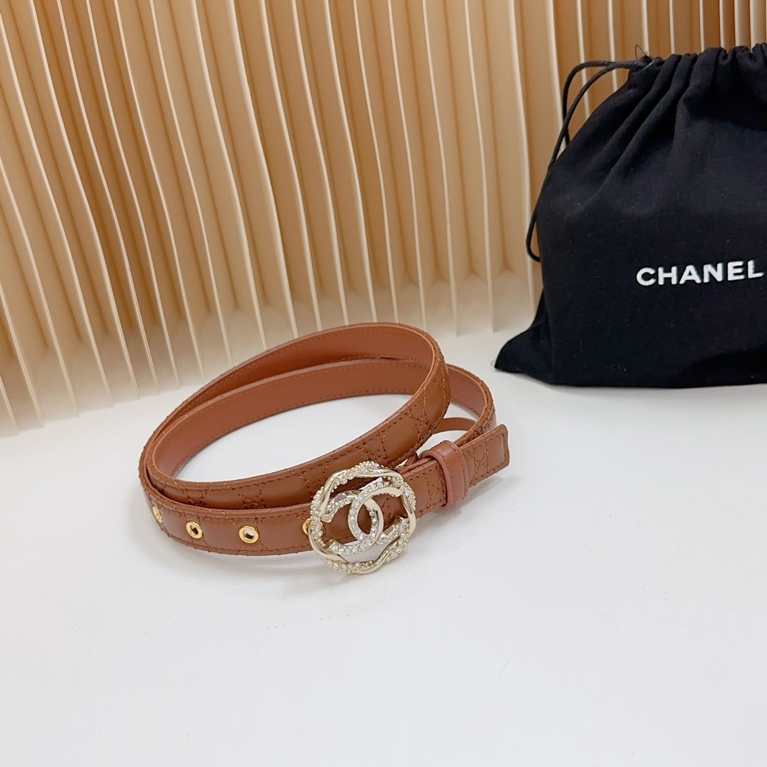 Luxury Brown Quilted Leather Belt with Crystal Double C Buckle