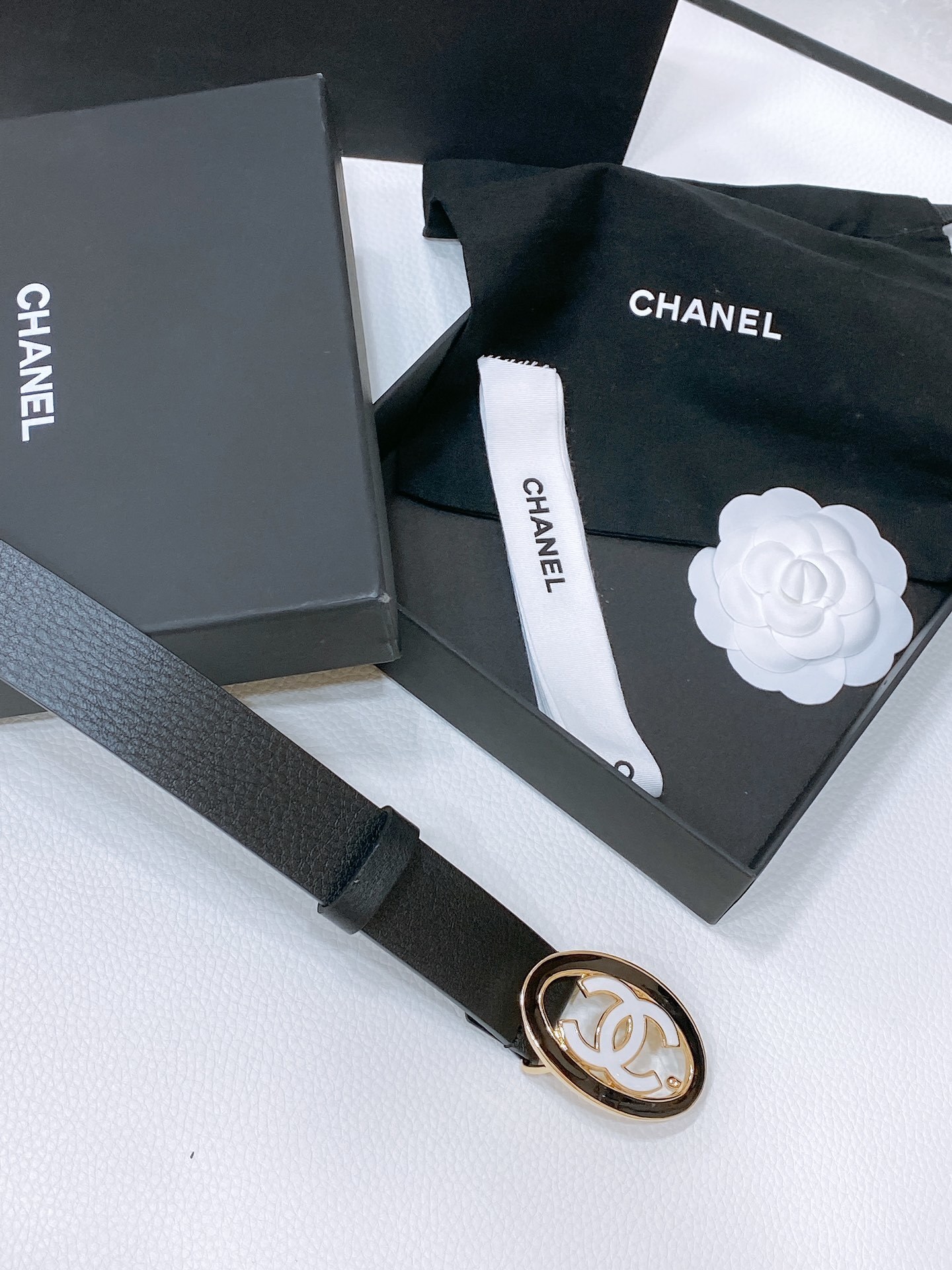 Chanel Black Leather Belt with Enamel Oval CC Buckle