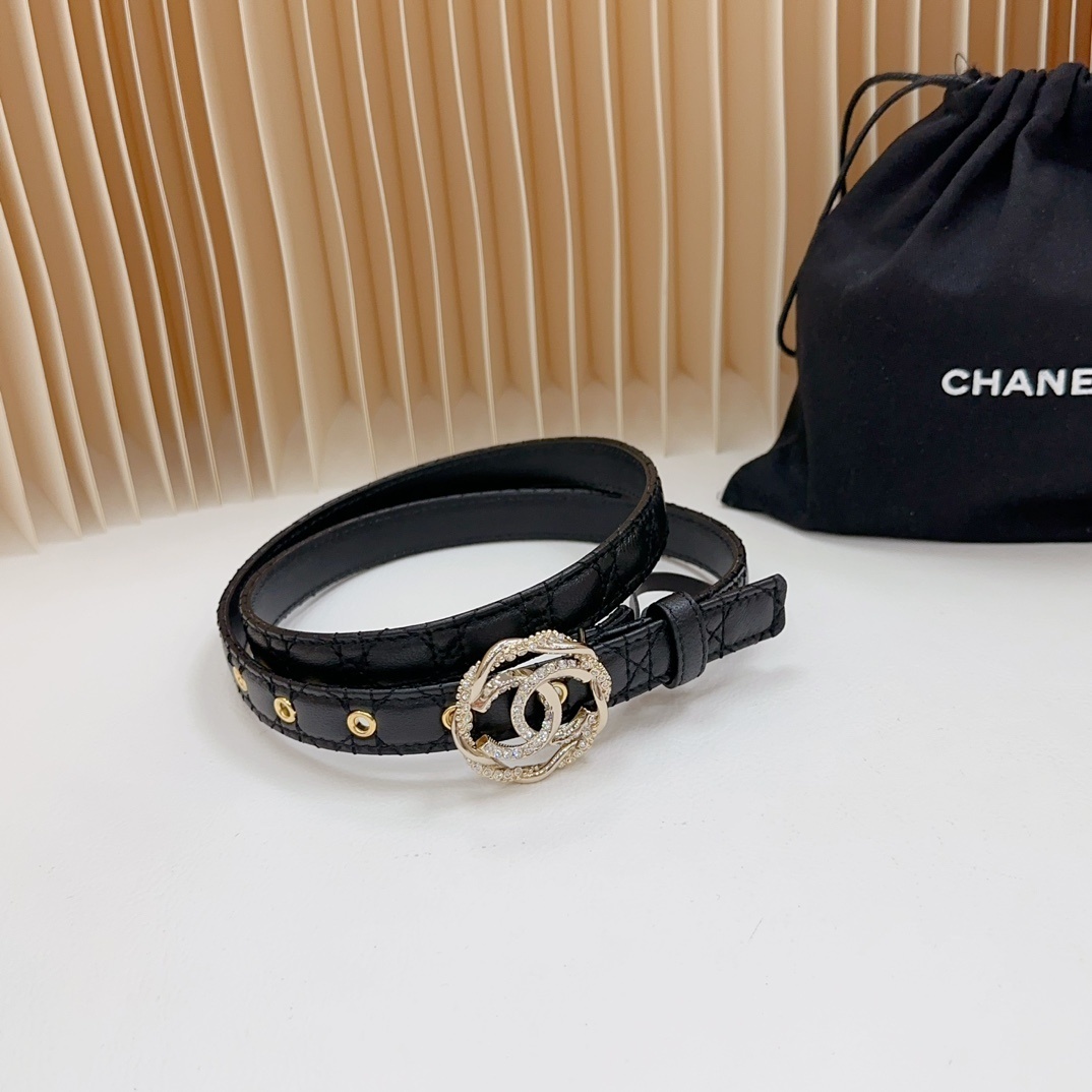 Luxury Black Quilted Leather Belt with Crystal CC Buckle