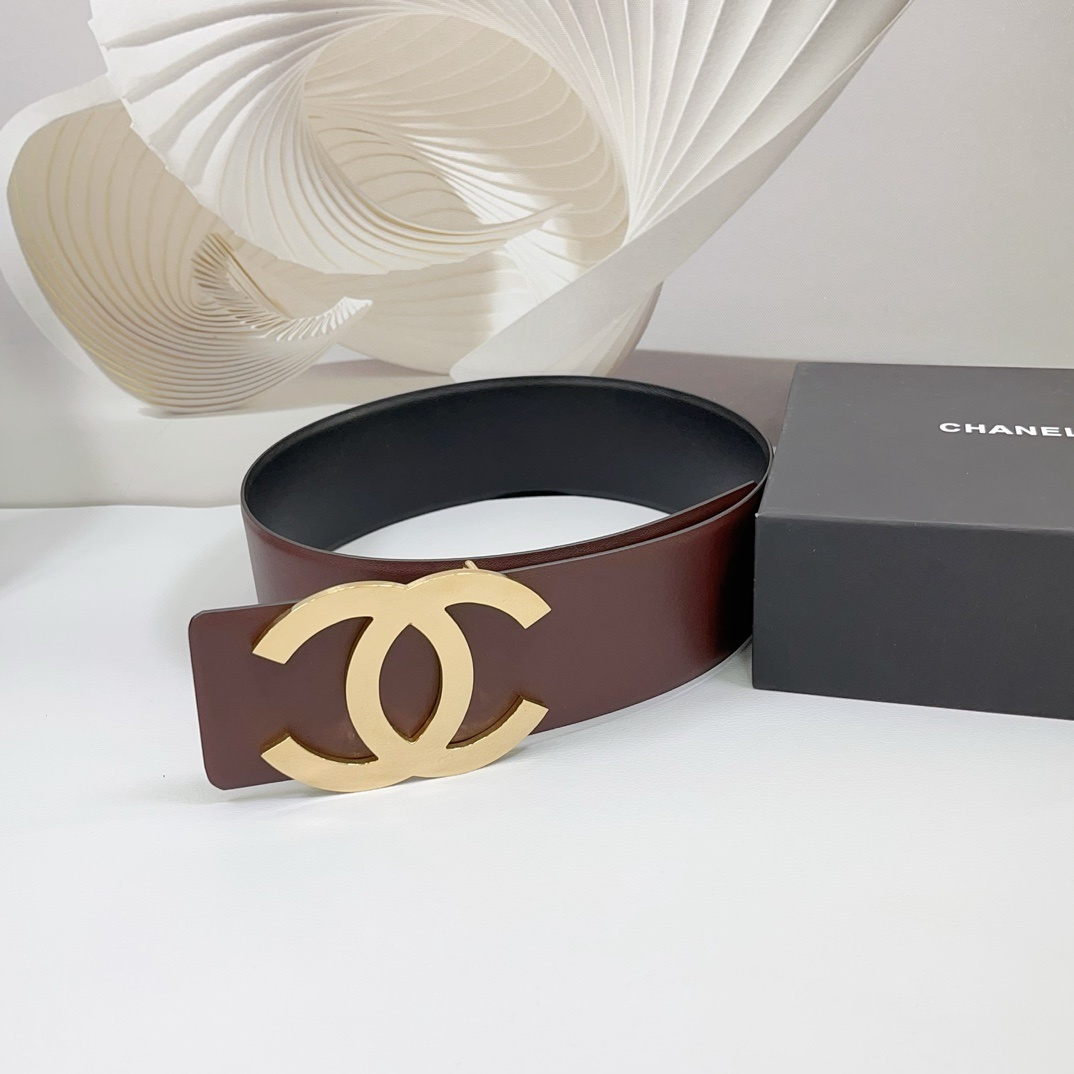 Luxury Women's 7.0cm Wide Leather Belt with Gold CC Buckle