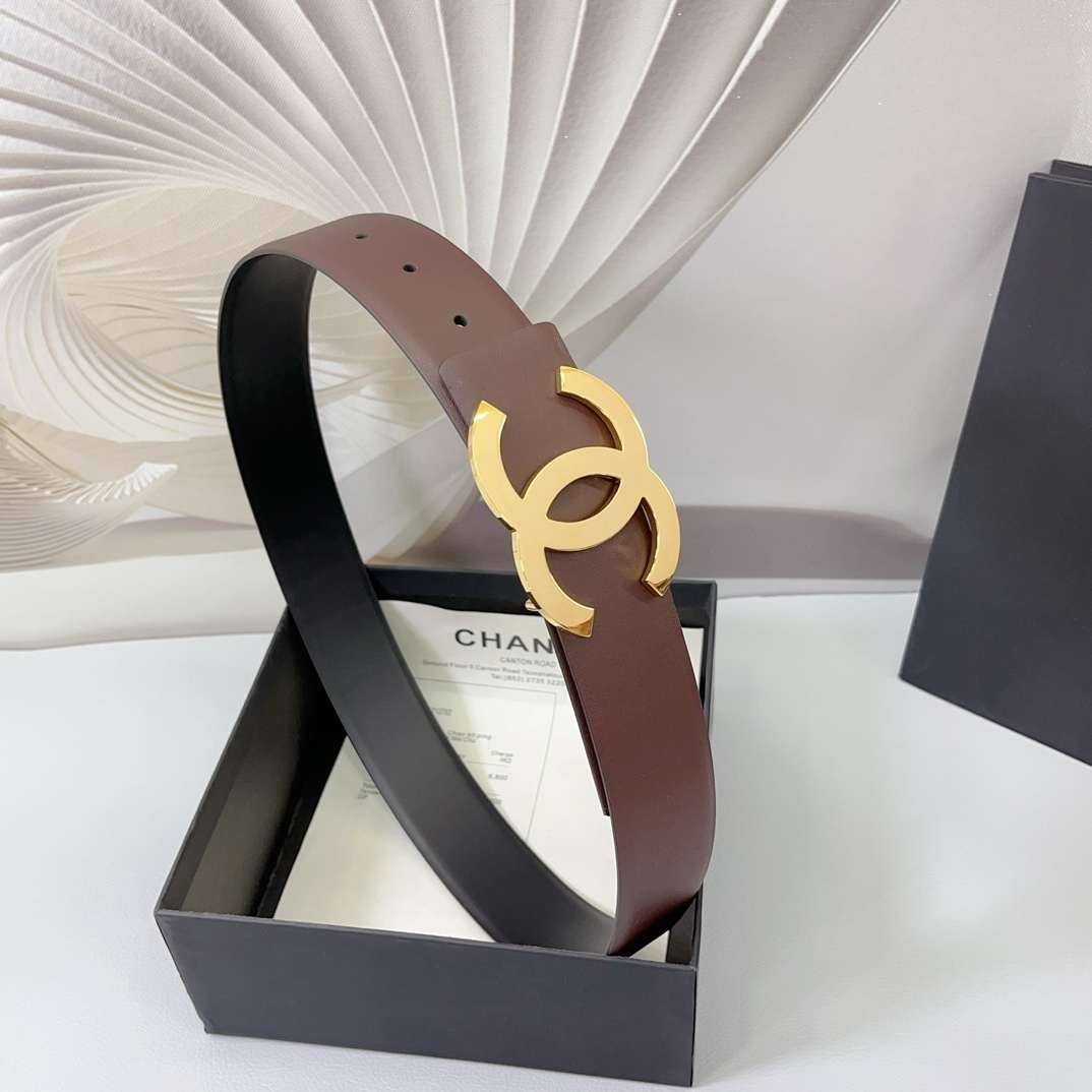 Luxury Brown Leather Belt with Gold Interlocking CC Buckle - 4cm