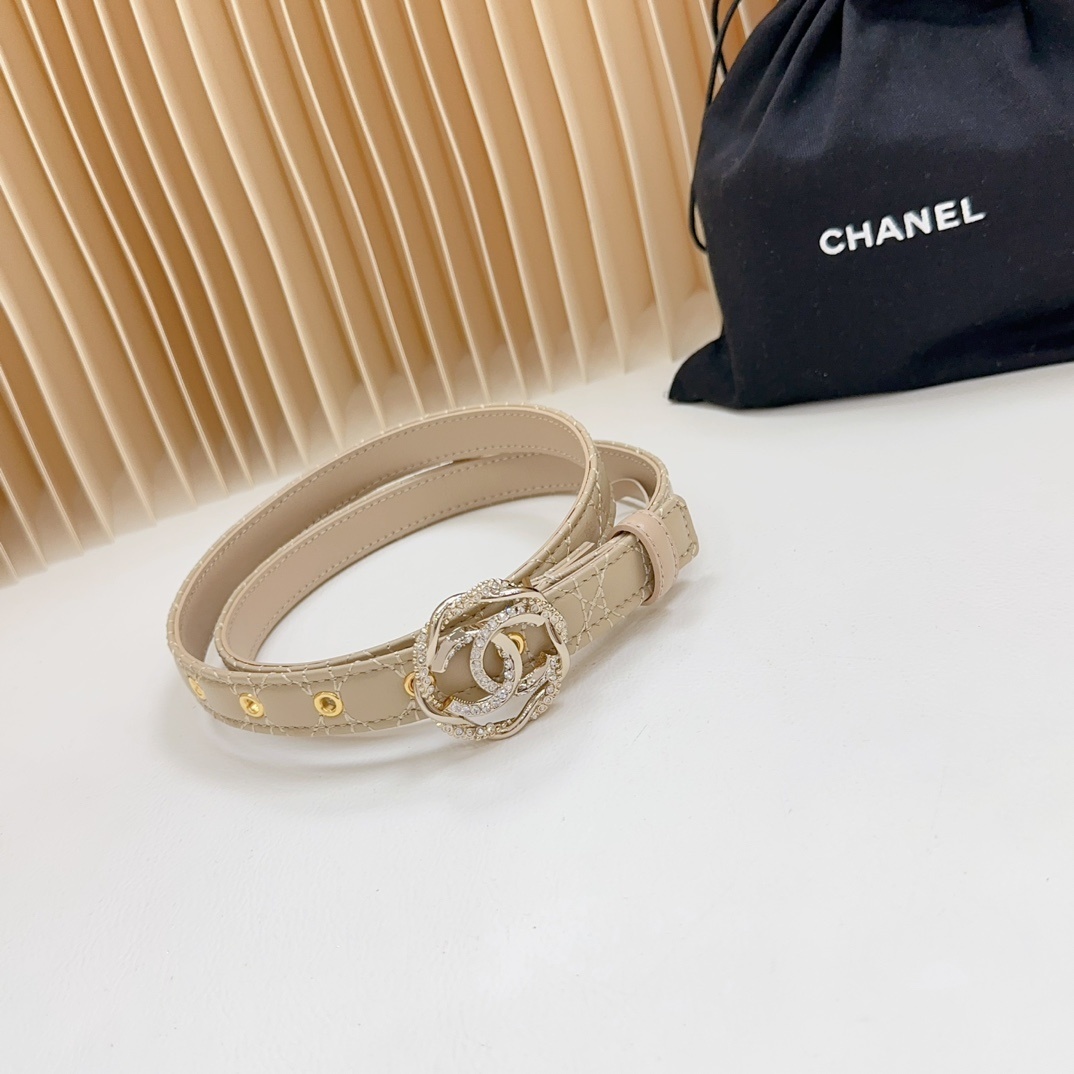 Chanel Quilted Beige Leather Belt with Crystal CC Buckle