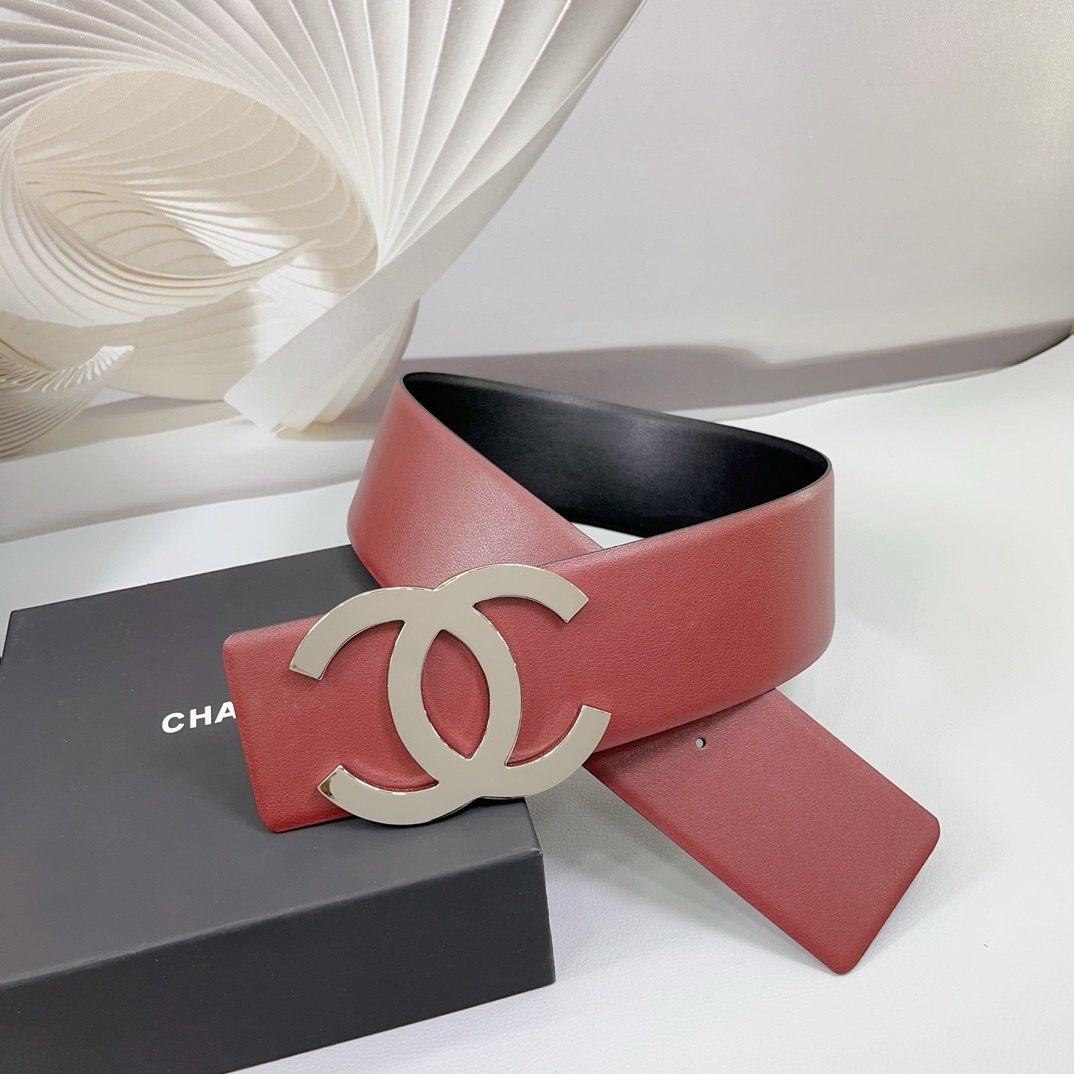 Chanel 7.0cm Wide Red Leather Belt with Silver CC Buckle