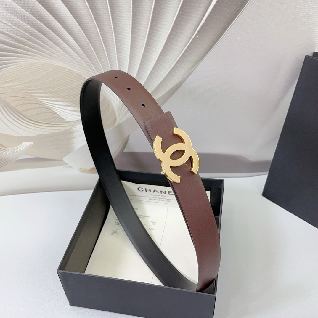 Luxury Women's 3.0cm Brown Leather Belt with Gold CC Buckle