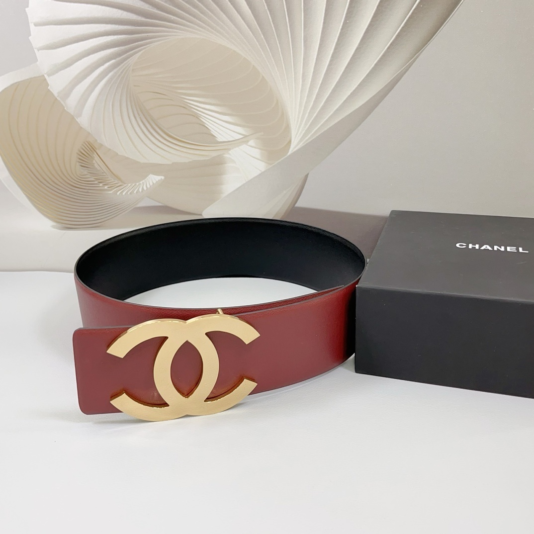Luxury 7cm Wide Red Leather Belt with Gold Double C Buckle