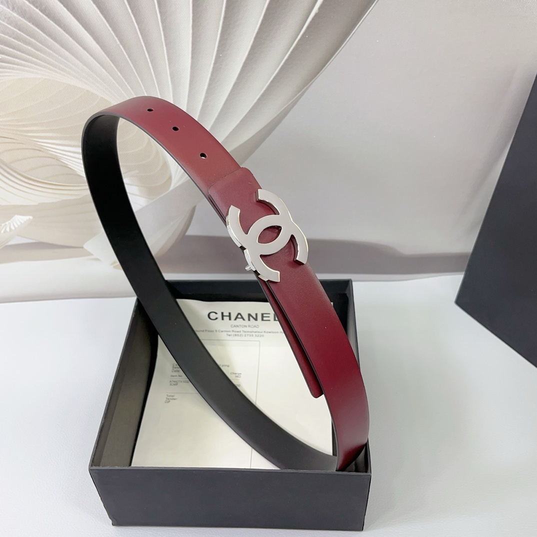 Women's 3.0cm Burgundy Leather Belt - Silver Buckle Edition