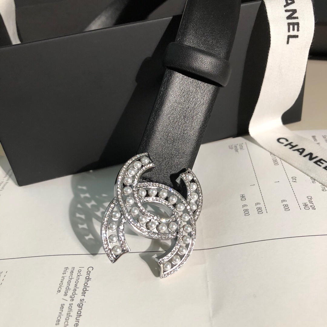 Luxury Black Leather Belt with Pearl Crystal CC Buckle