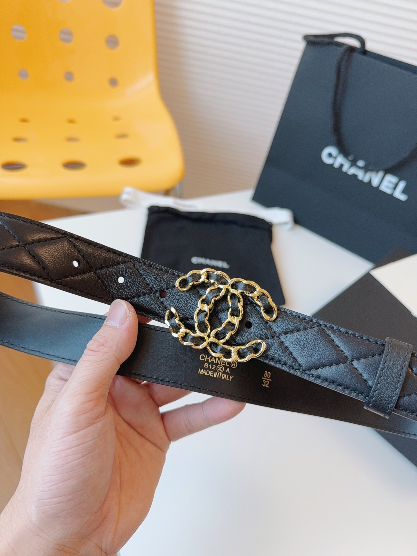 Chanel Quilted Leather Belt with Gold Chain CC Buckle - Black
