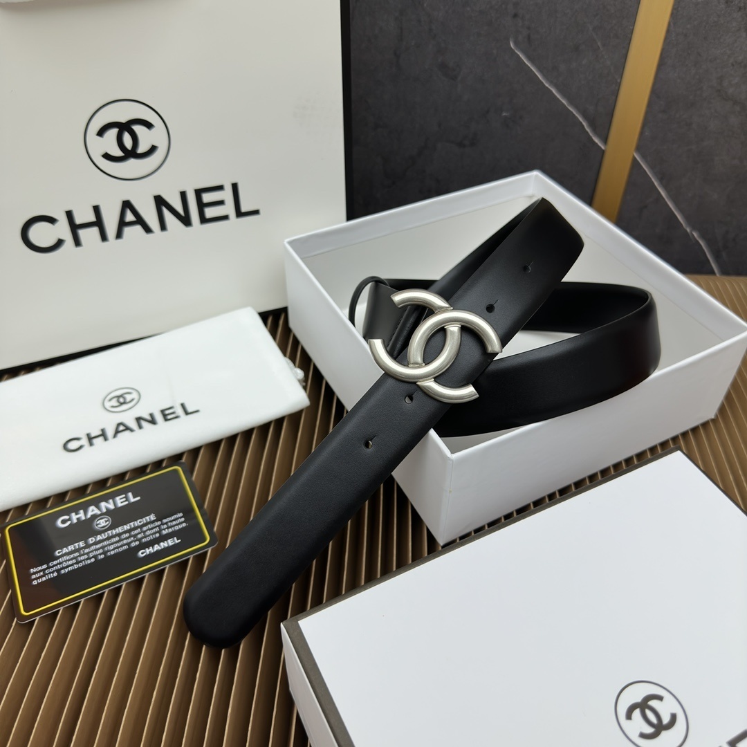 Chanel CC Logo Belt - Premium Black Leather with Silver Buckle