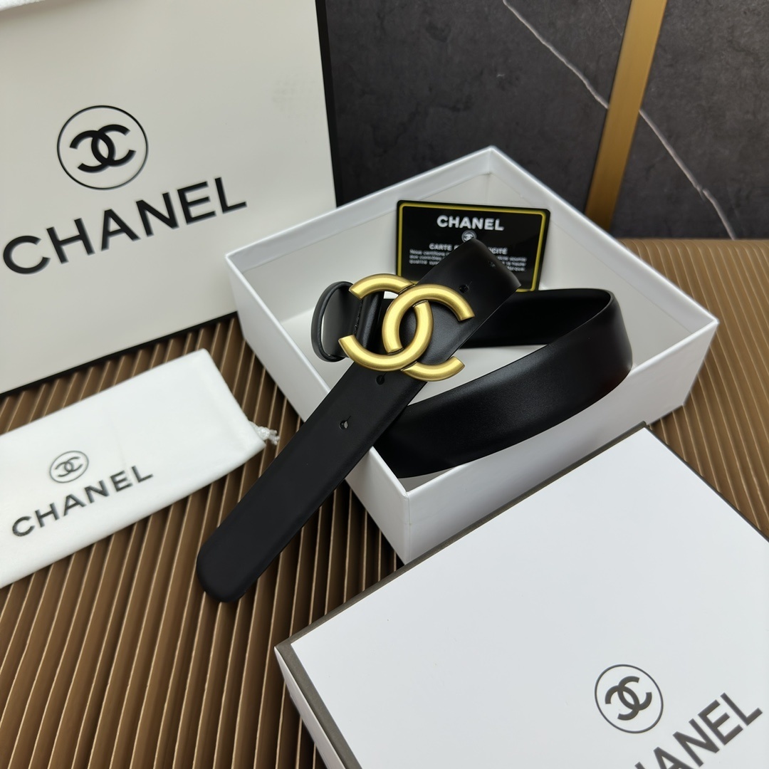 Chanel Signature Double C Gold Buckle Black Leather Belt