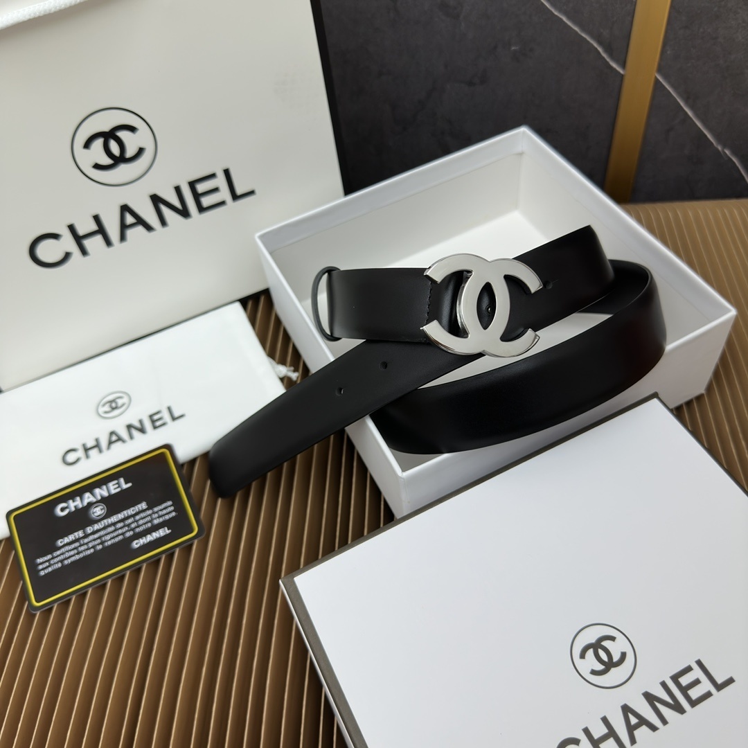 Chanel Classic Black Leather Belt with Silver CC Buckle