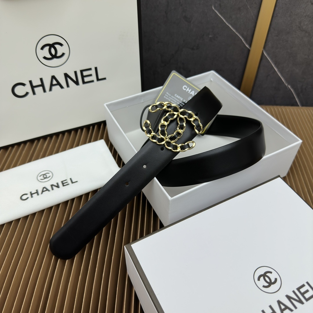 Luxury Black Leather Belt with Gold Chain CC Buckle