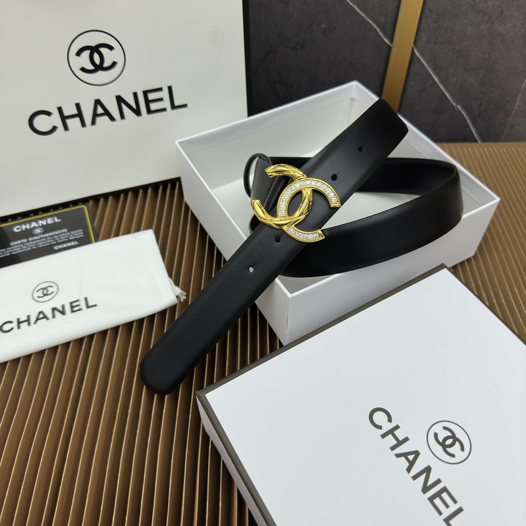 Luxury Black Leather Belt with Crystal Gold Double C Buckle