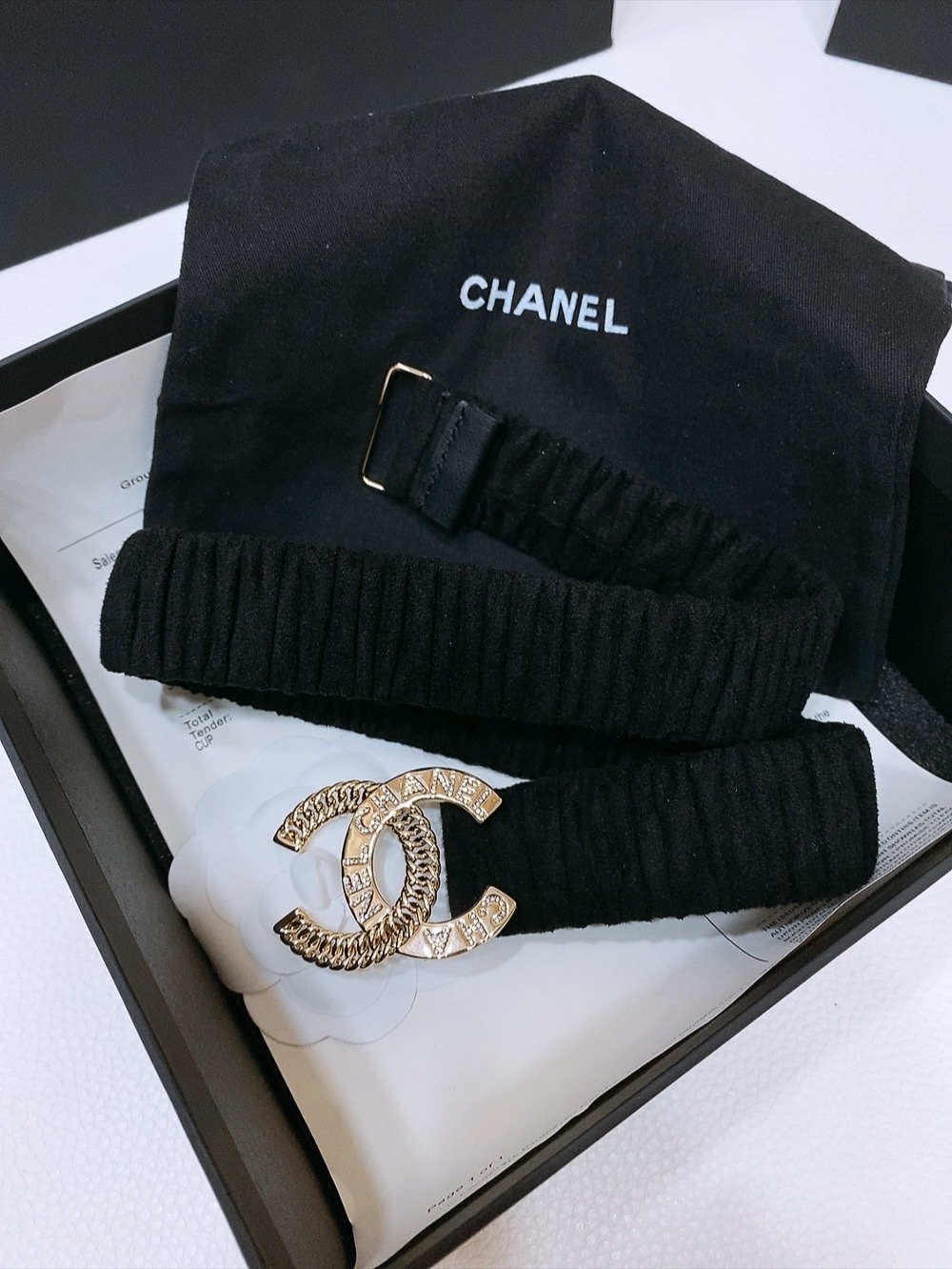 Chanel Black Velvet Elastic Waist Belt with Gold Crystal CC Buckle