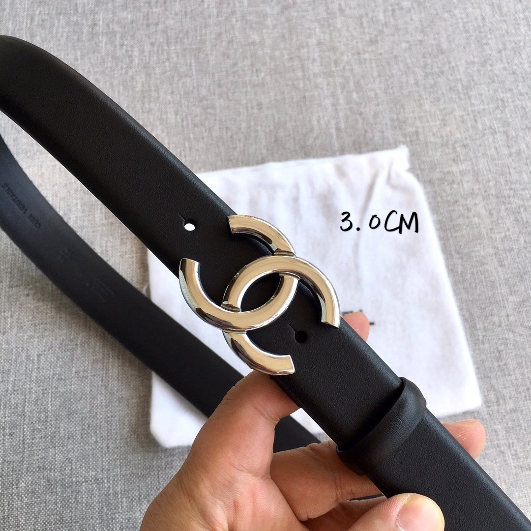 Luxury Calfskin Leather Belt with Silver CC Buckle - 3.0cm