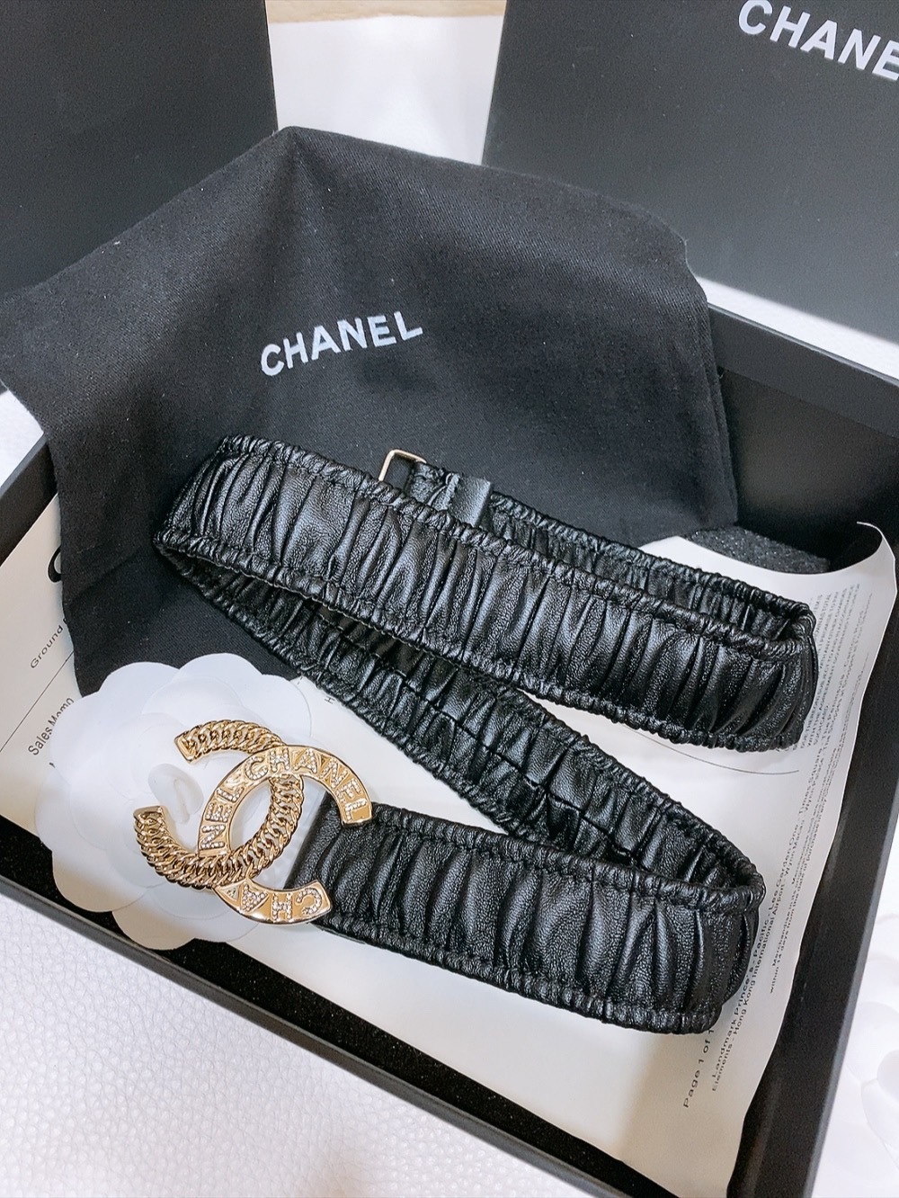 Chanel Ruched Leather Belt with Crystal Gold CC Buckle