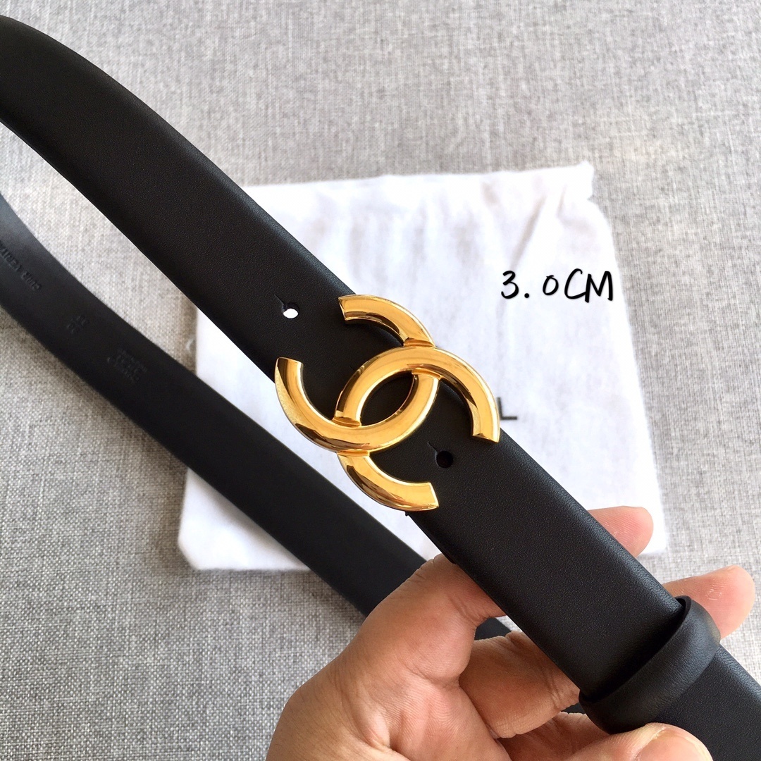 Luxury Chanel 3.0cm Calfskin Belt with Gold CC Buckle - Black