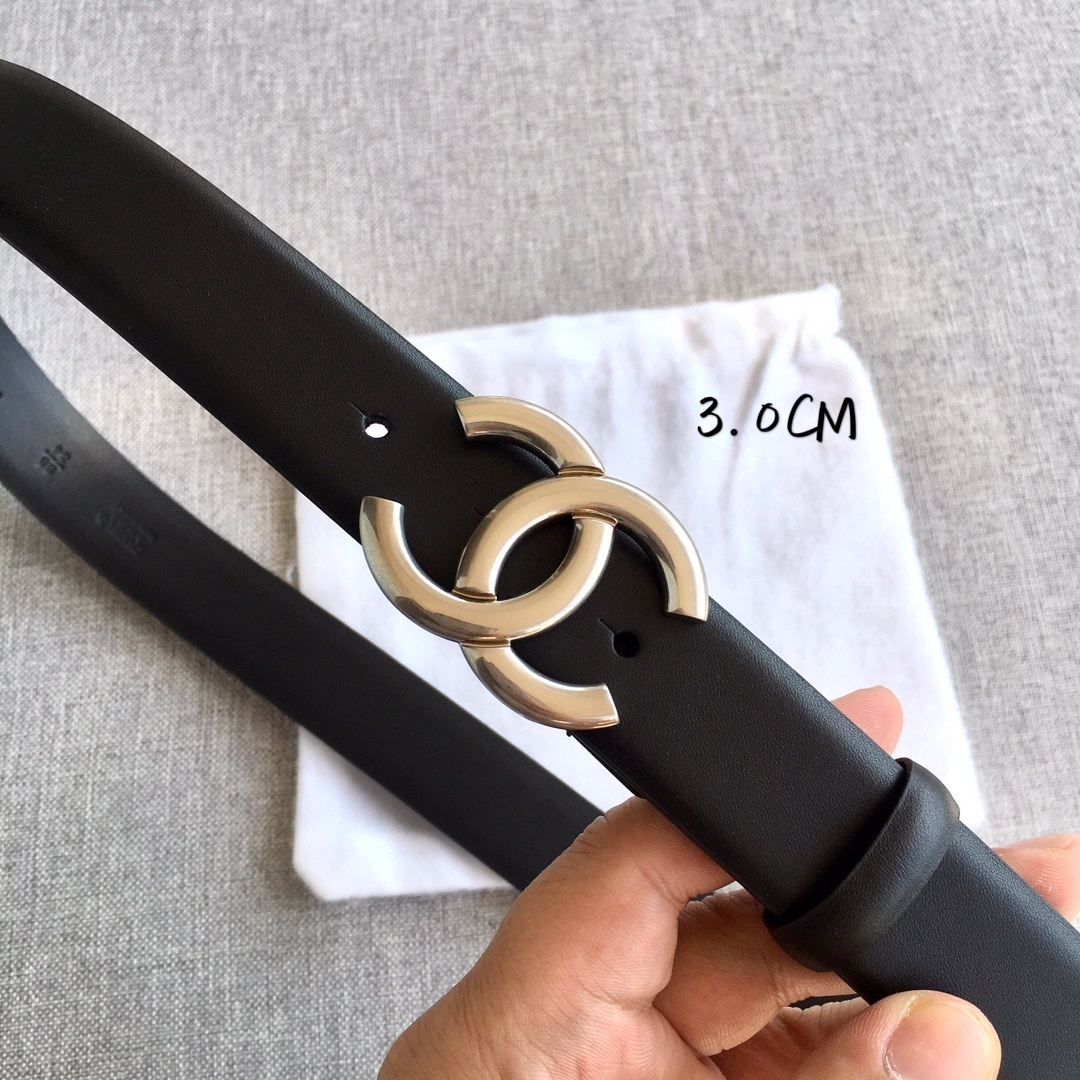 Chanel CC Buckle Calfskin Leather Belt - 3.0cm Black & Silver