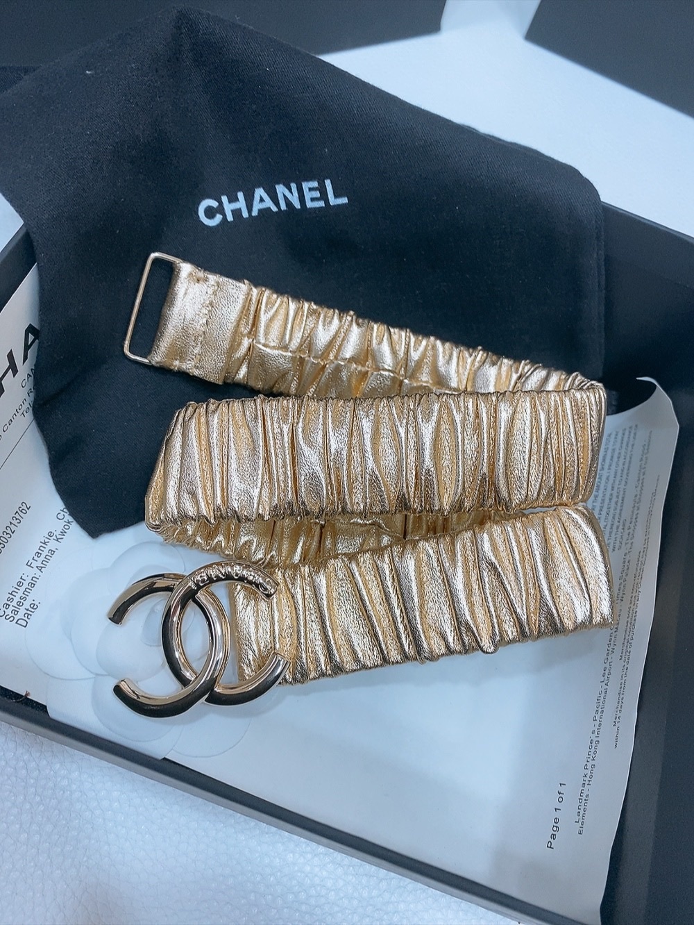 Chanel Gold Ruched Elastic Waist Belt with Iconic CC Buckle