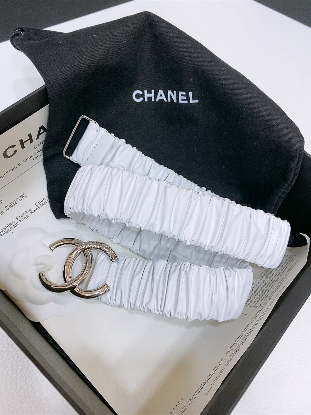 Chanel White Ruched Elastic Belt with Silver CC Buckle