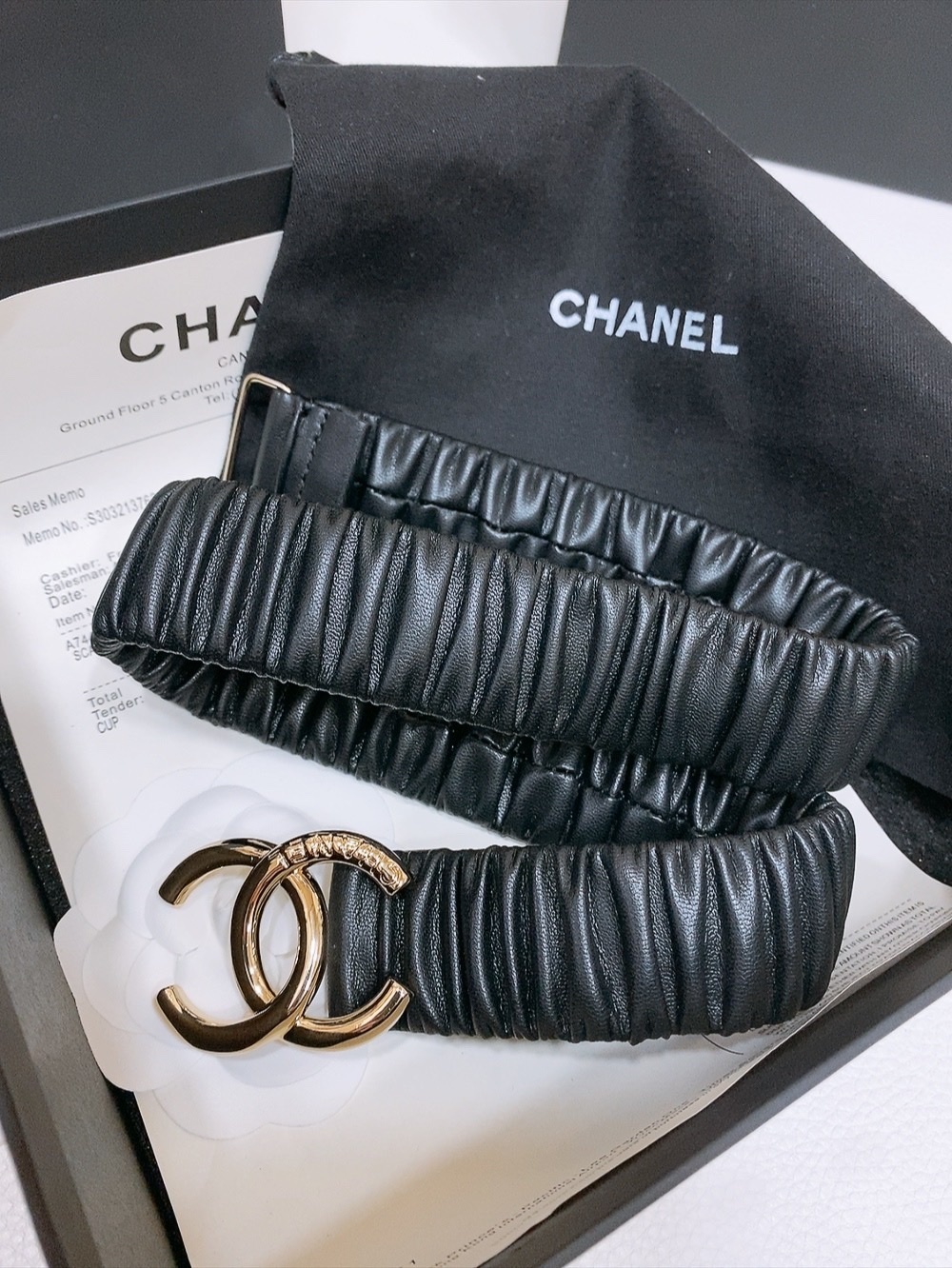 Chanel Inspired Black Ruched Leather Belt with Gold CC Buckle