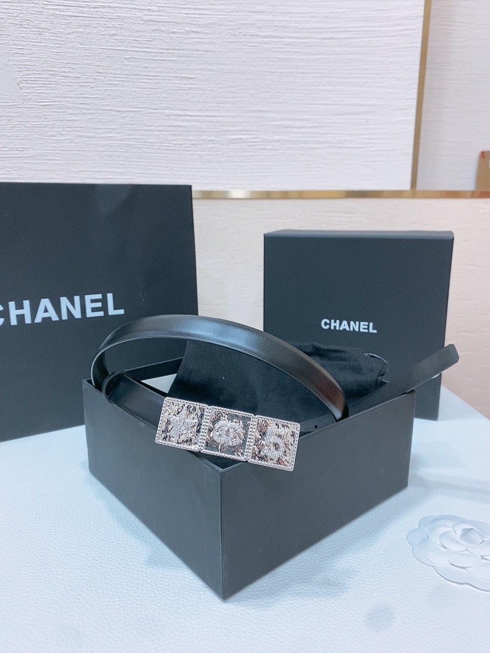 Chanel Triple-Icon Crystal Buckle Leather Belt - Black/Silver