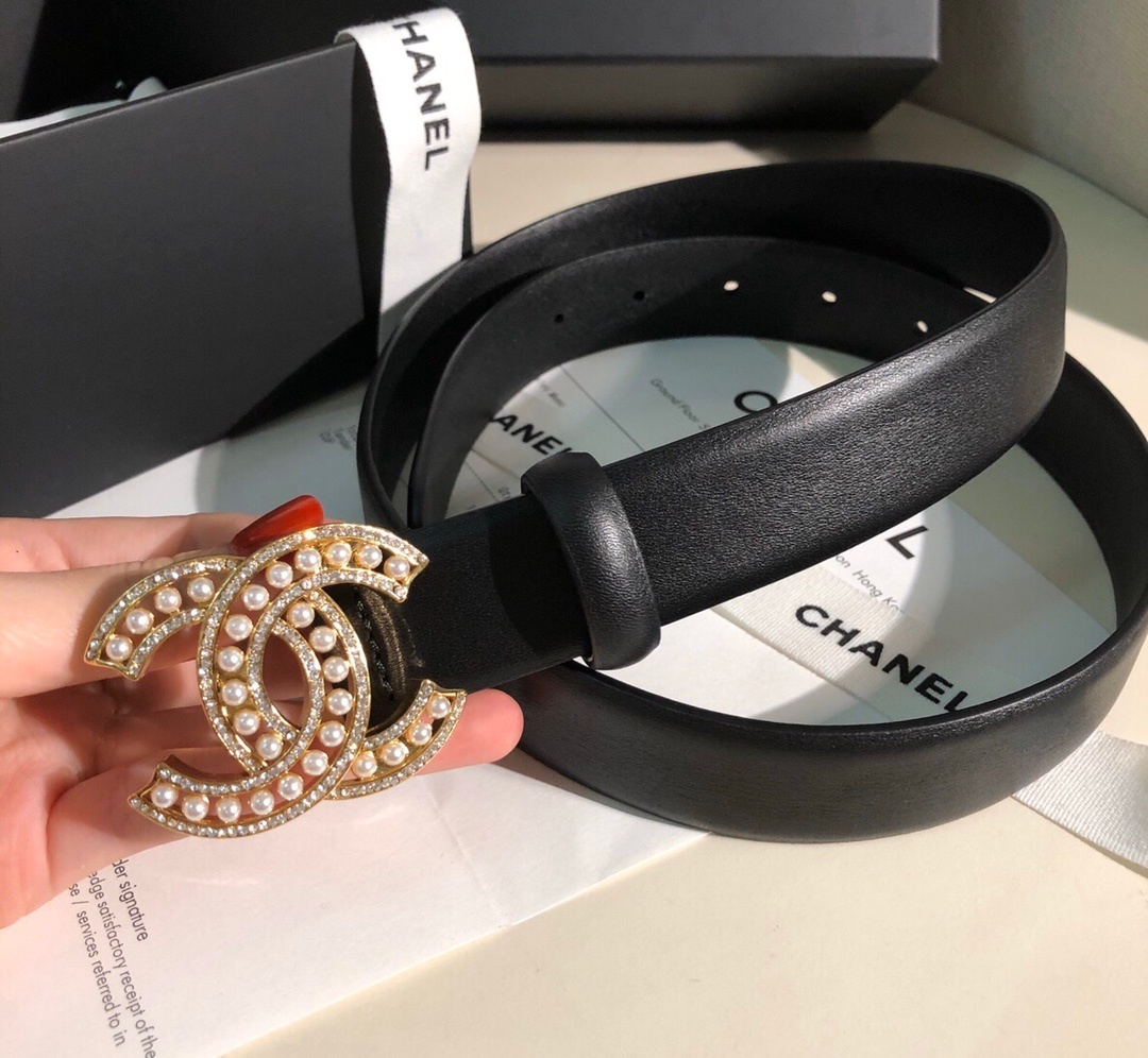 Women's Black Leather Belt with Pearl & Crystal Gold Buckle