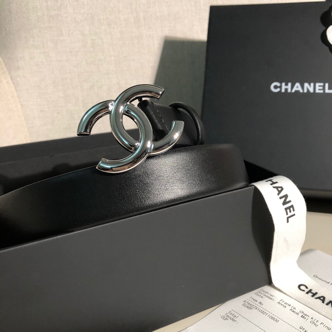 Chanel CC Logo Belt - Black Leather with Silver Hardware