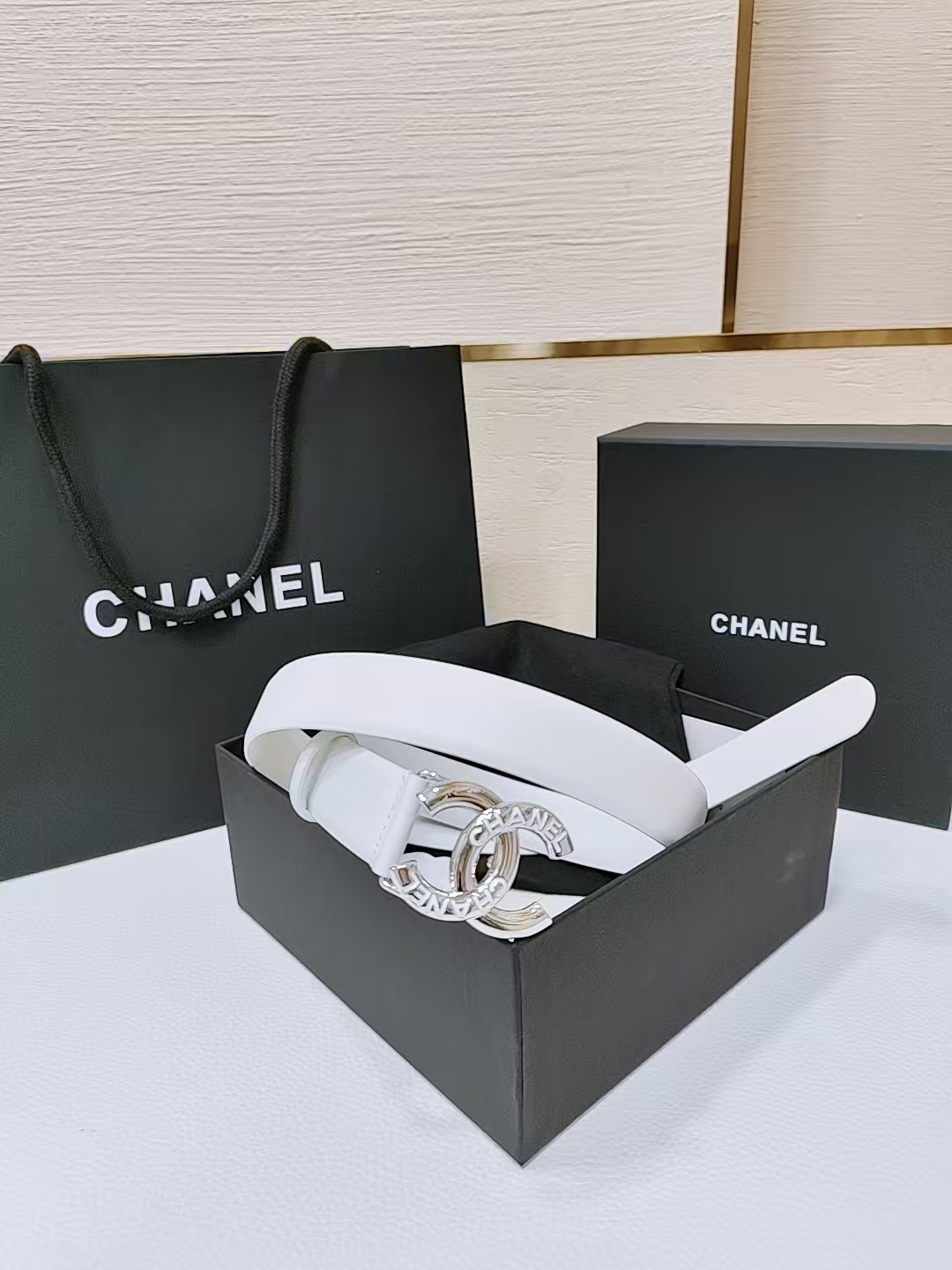 Chanel White Leather Belt with Silver CC Logo Buckle