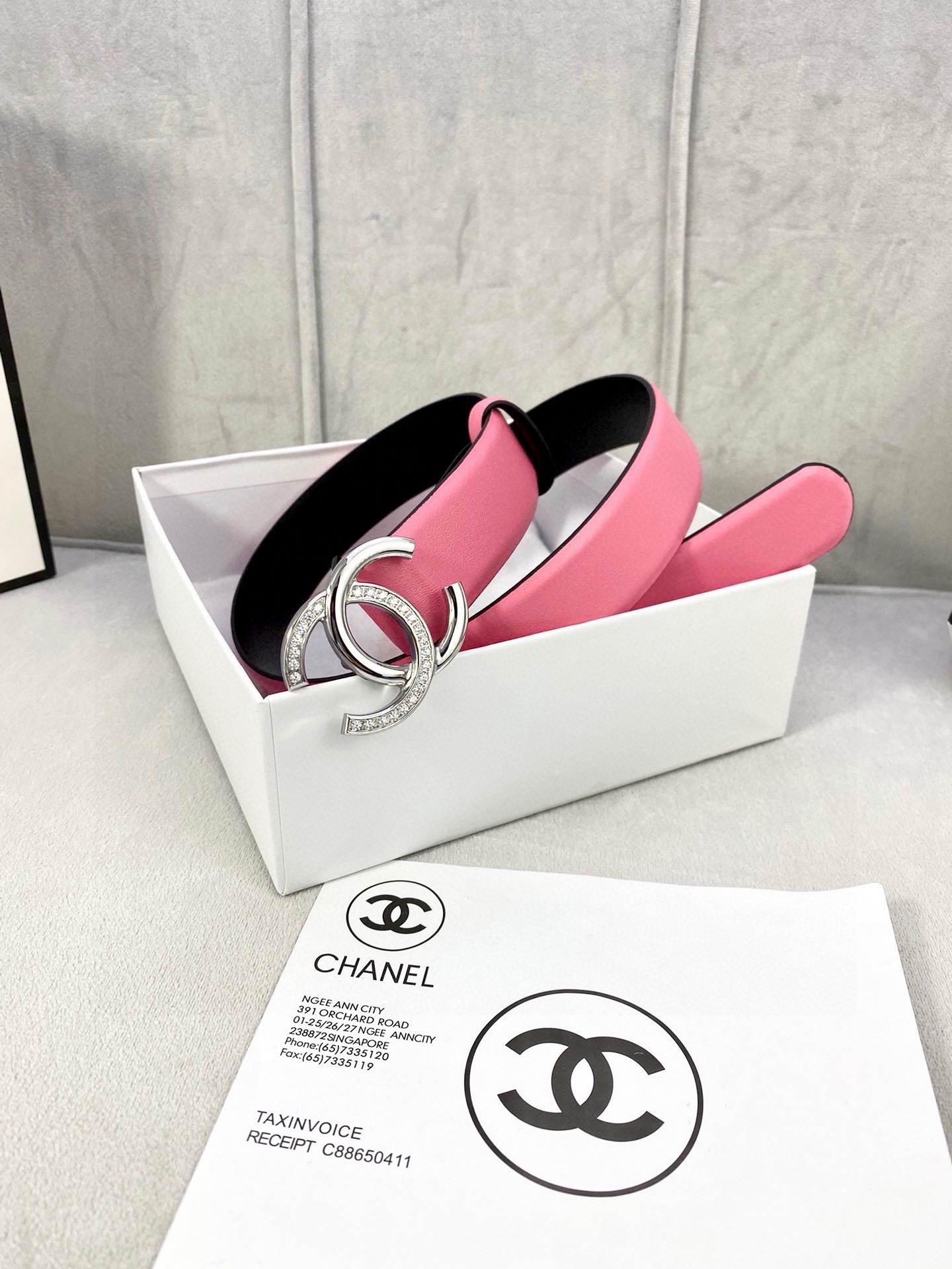 Chanel Pink Leather Belt with Silver Crystal CC Buckle