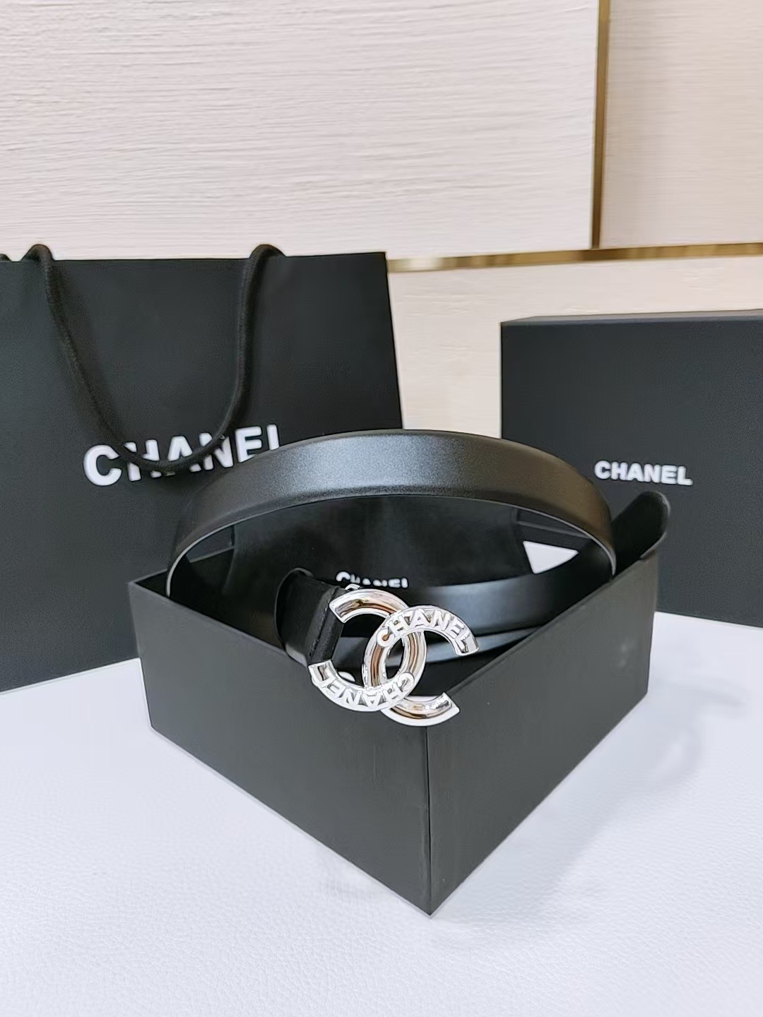 Chanel Black Leather Belt with Silver Engraved CC Buckle