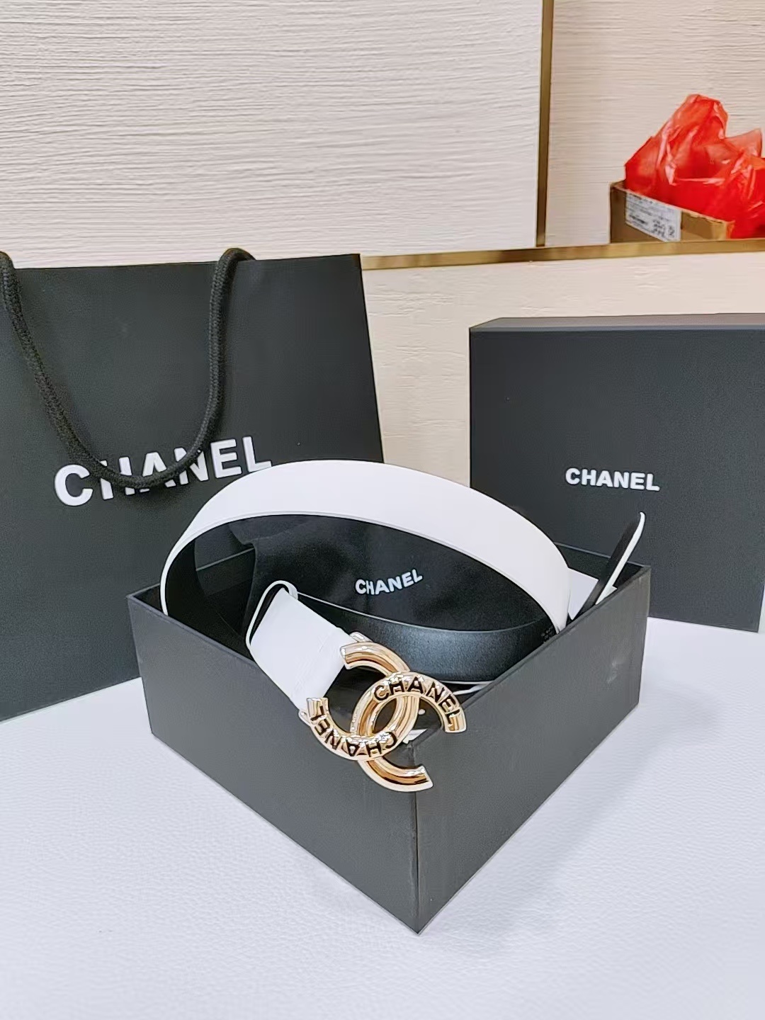 Chanel White Leather Belt with Gold CC Engraved Buckle