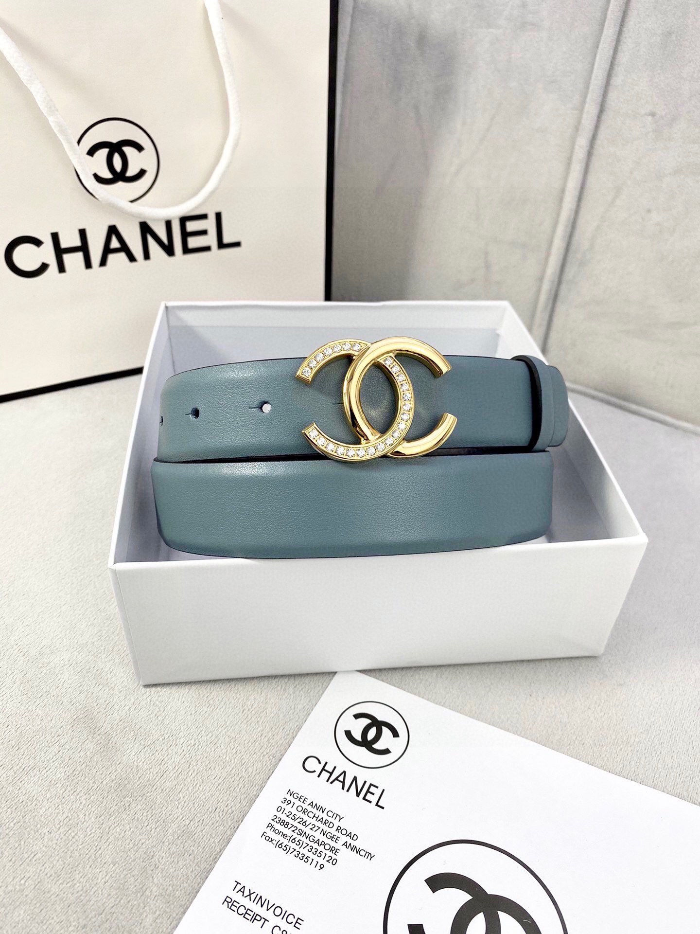 Chanel Crystal CC Buckle Leather Belt - Elegant Muted Blue