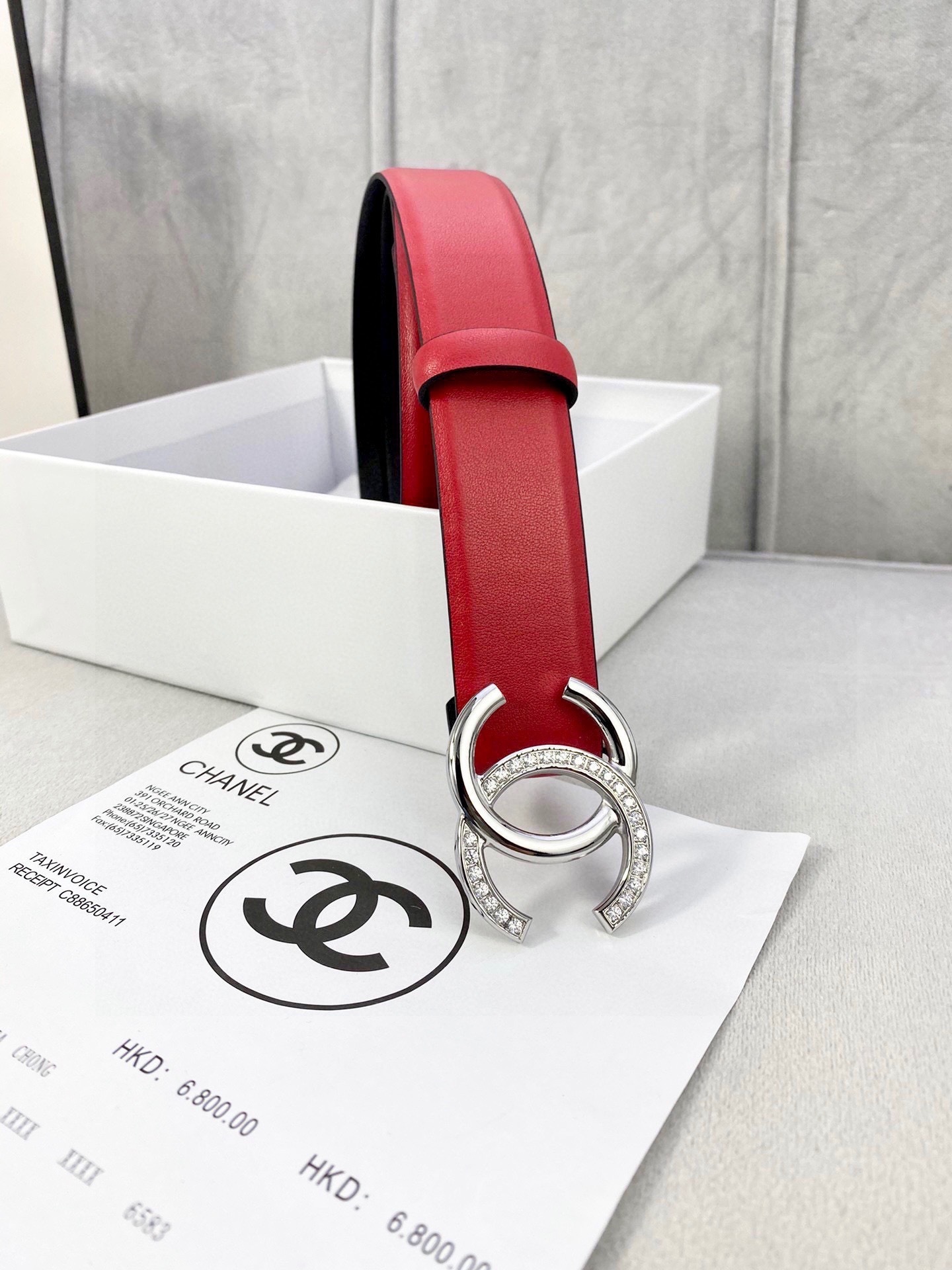 Chanel Red Leather Belt with Crystal-Encrusted CC Buckle