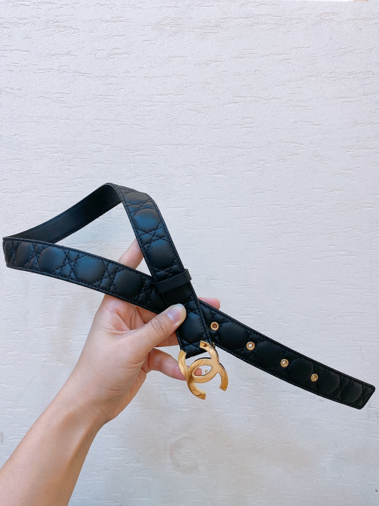 Quilted Black Leather Belt with Gold Interlocking Buckle