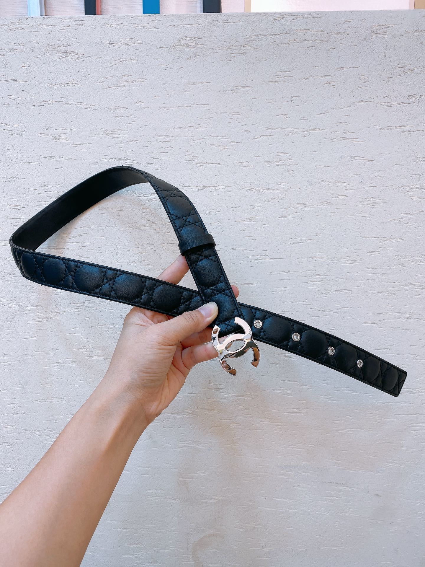 Luxury Quilted Black Leather Belt with Silver Interlocking Buckle