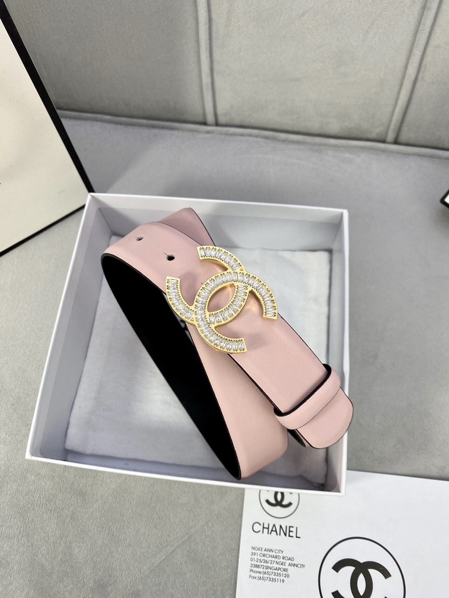 Luxury Chanel Pink Leather Belt with Crystal CC Buckle