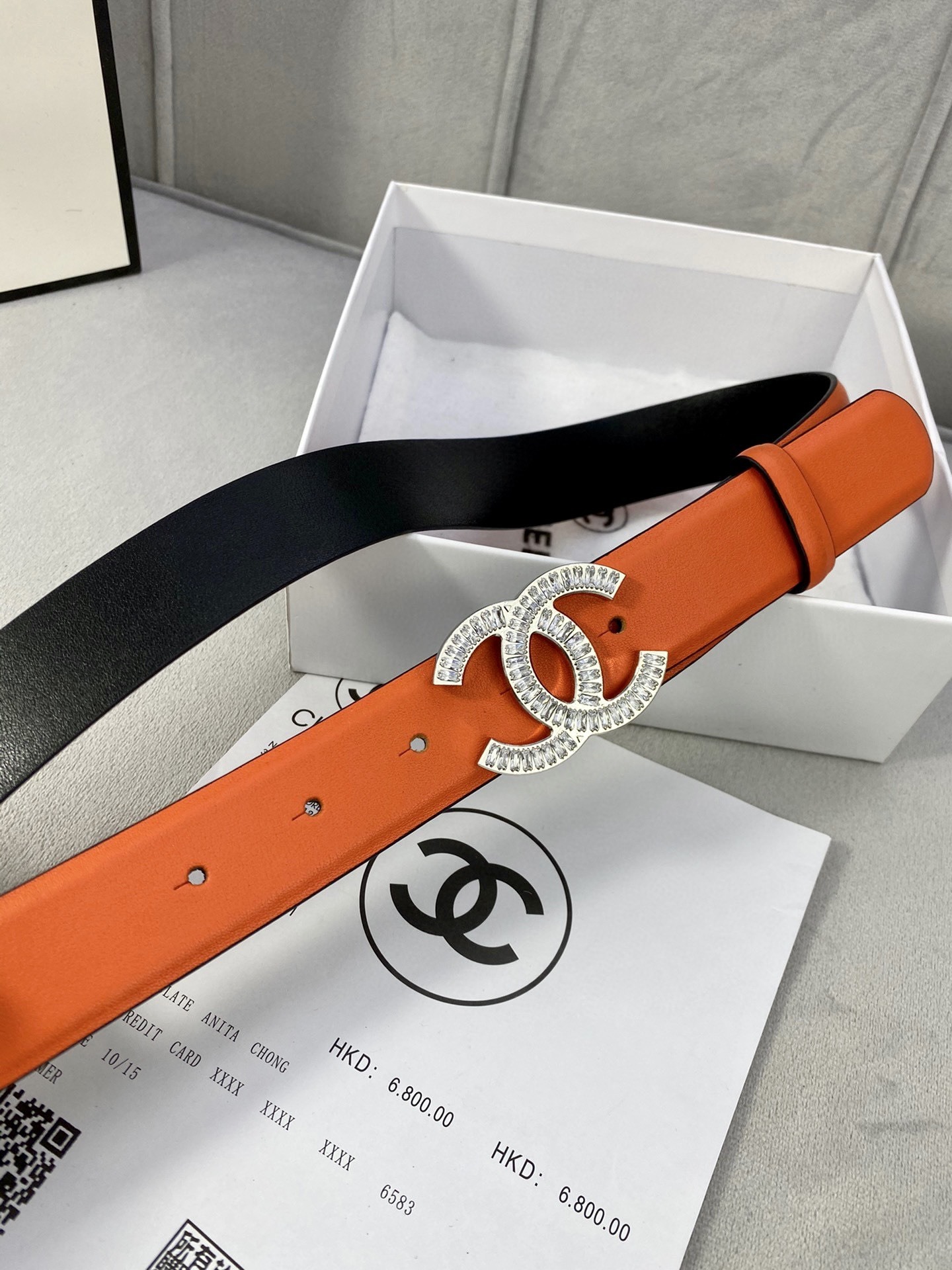 Chanel Reversible Orange & Black Leather Belt with Crystal CC Buckle
