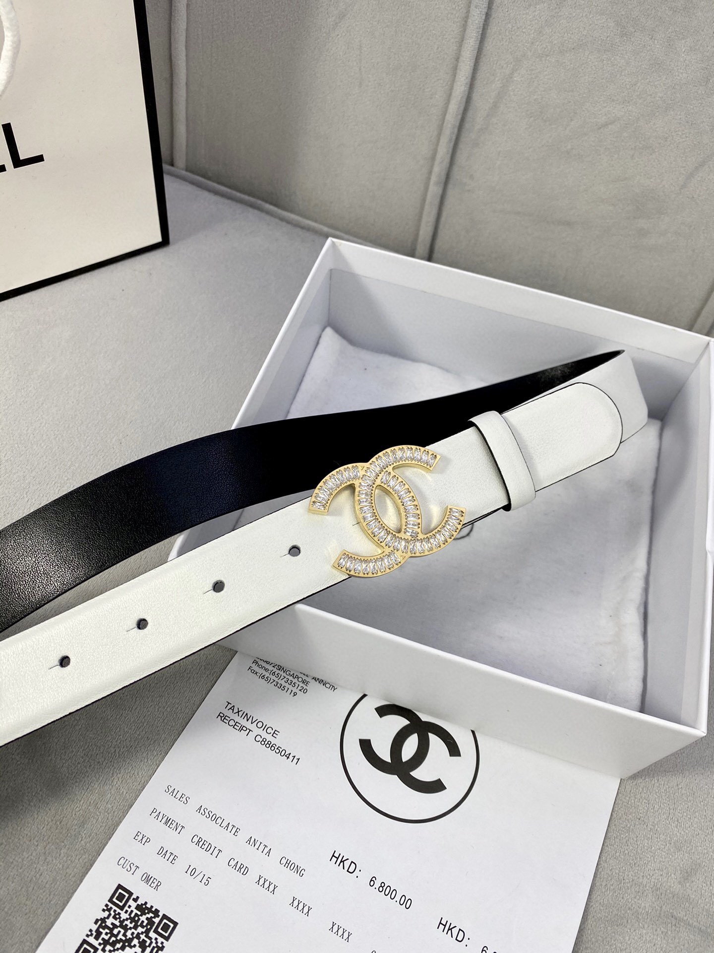 Luxury White Leather Belt with Crystal Gold CC Buckle