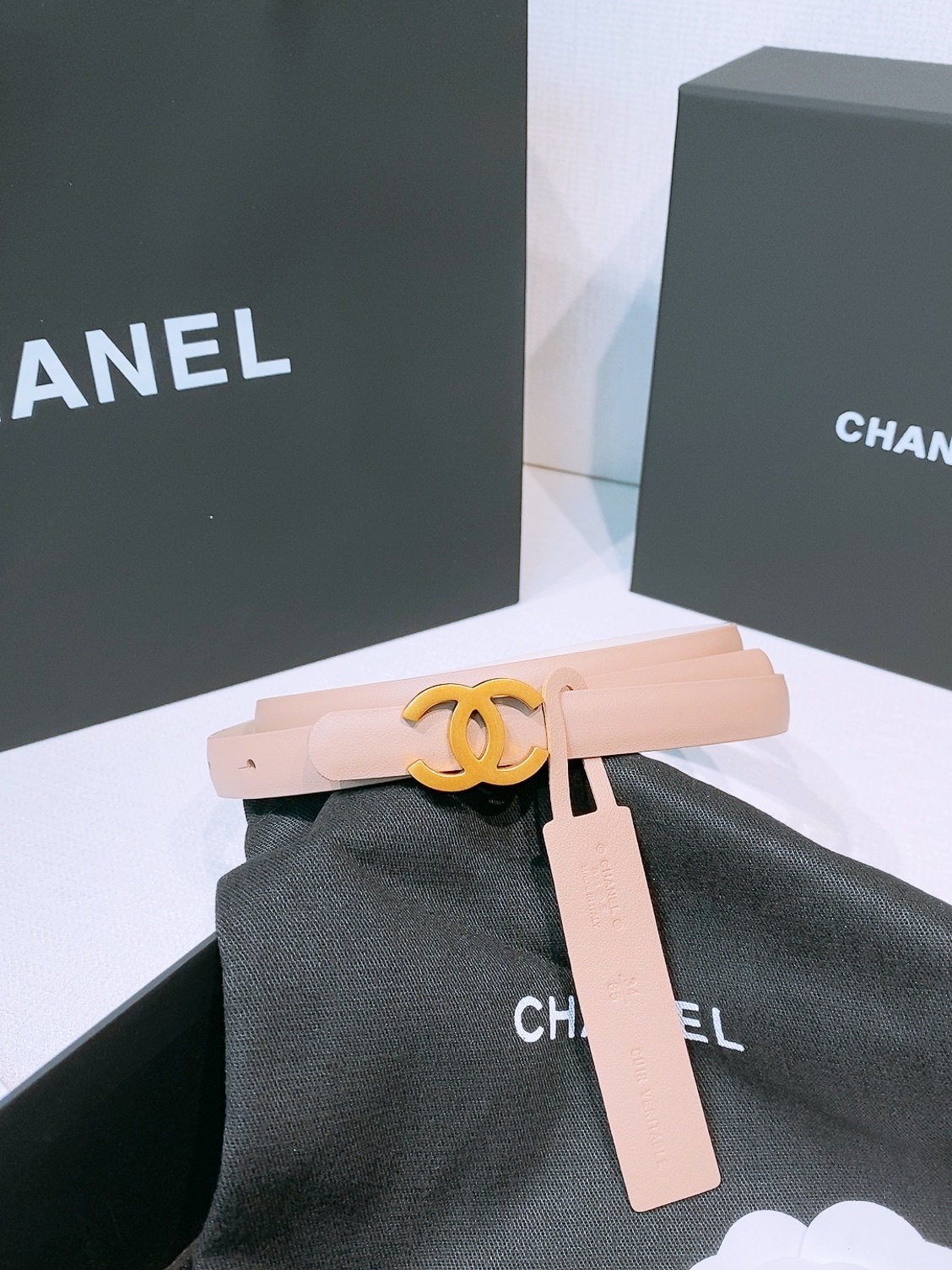 Chanel Thin Beige Leather Belt with Gold CC Buckle