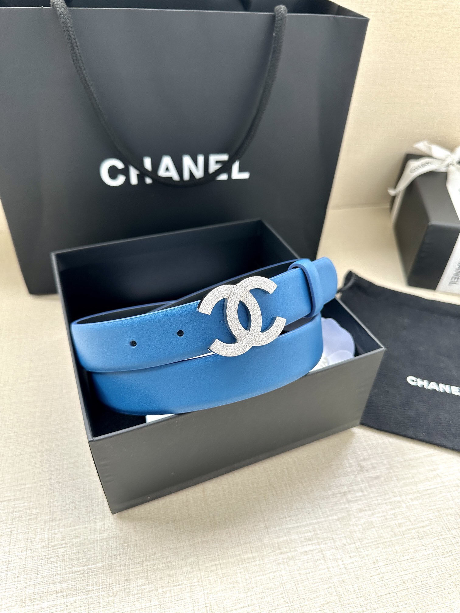 Chanel Blue Leather Belt with Crystal CC Buckle