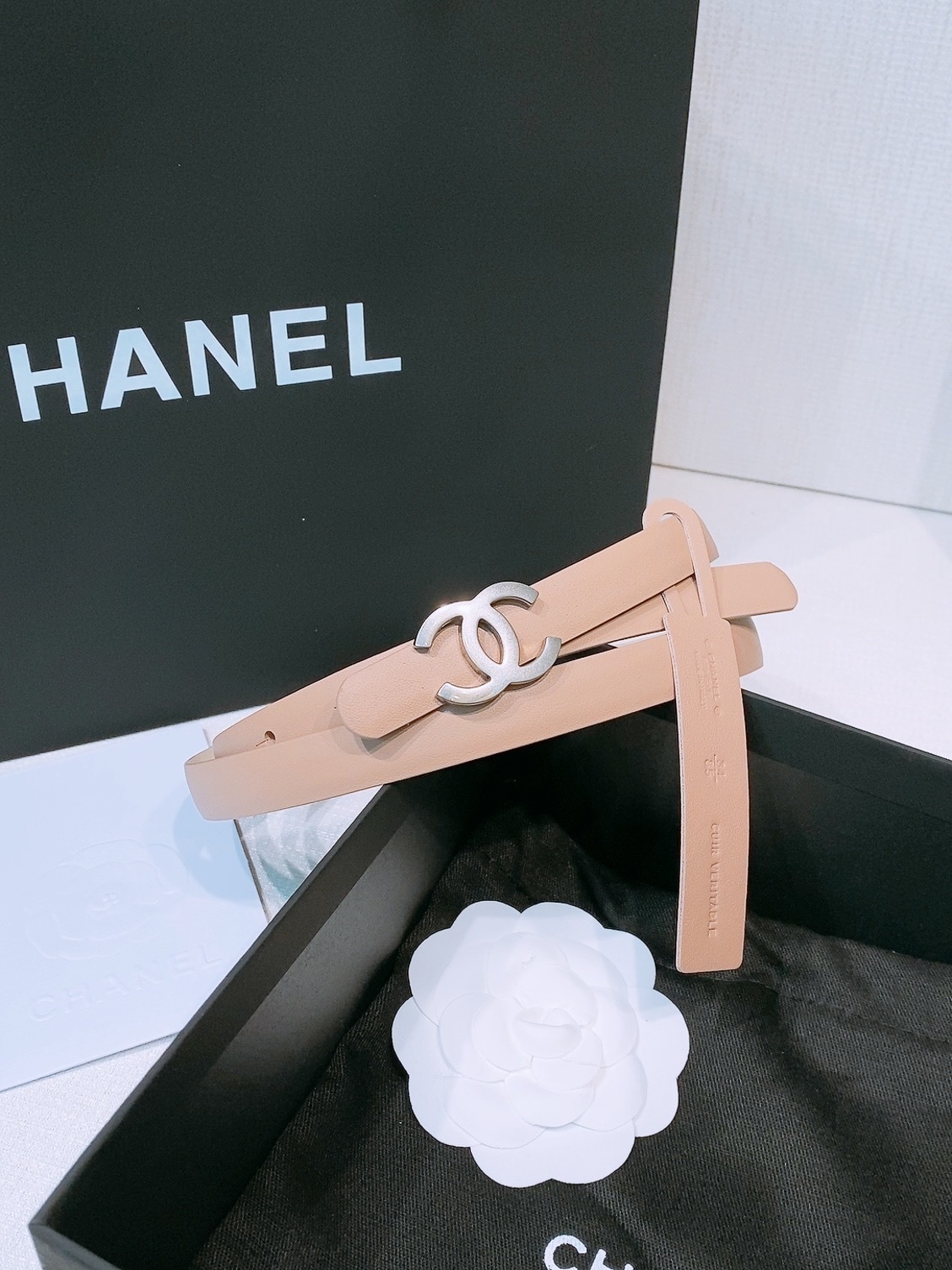 Chanel Thin Leather Belt with Silver CC Buckle - Beige