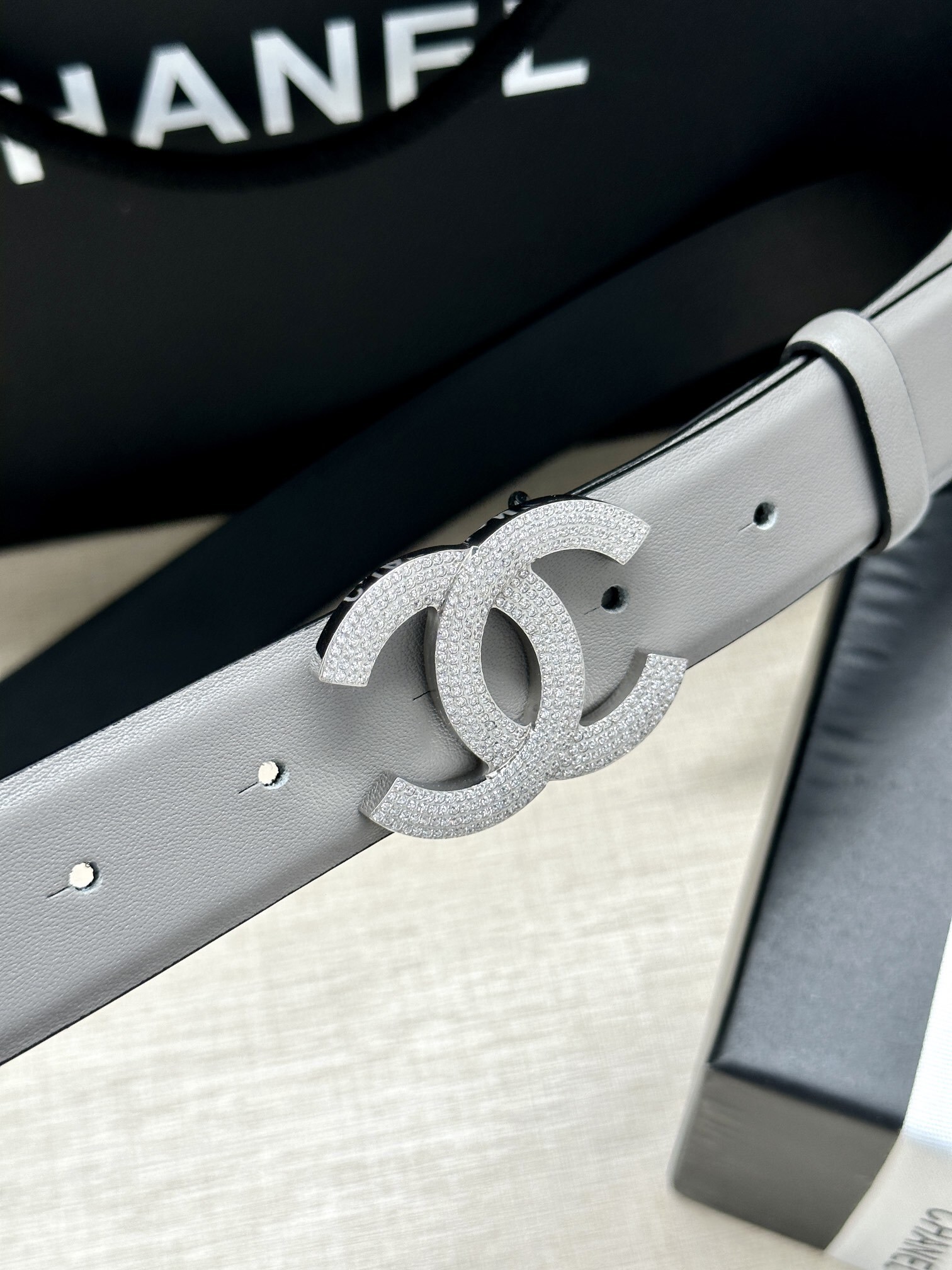 Chanel Crystal CC Buckle Leather Belt - Elegant Grey Accessory