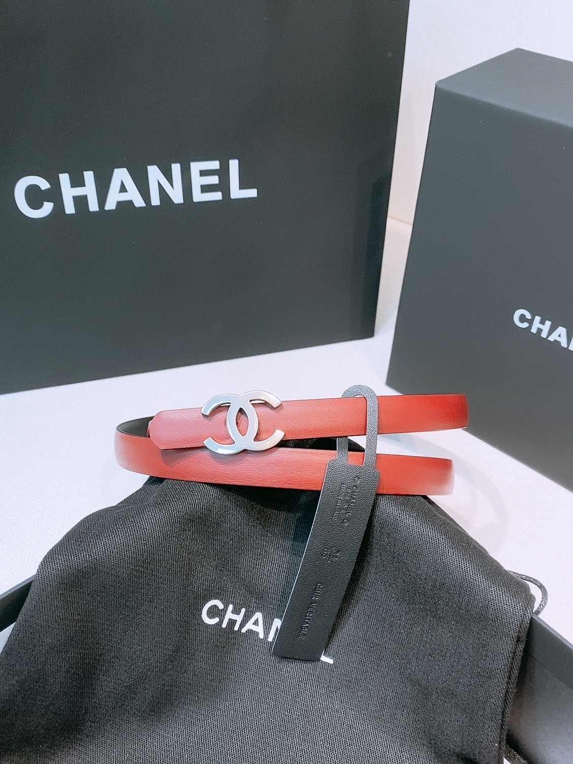 Chanel Skinny Leather Belt with Silver CC Buckle - Red & Black