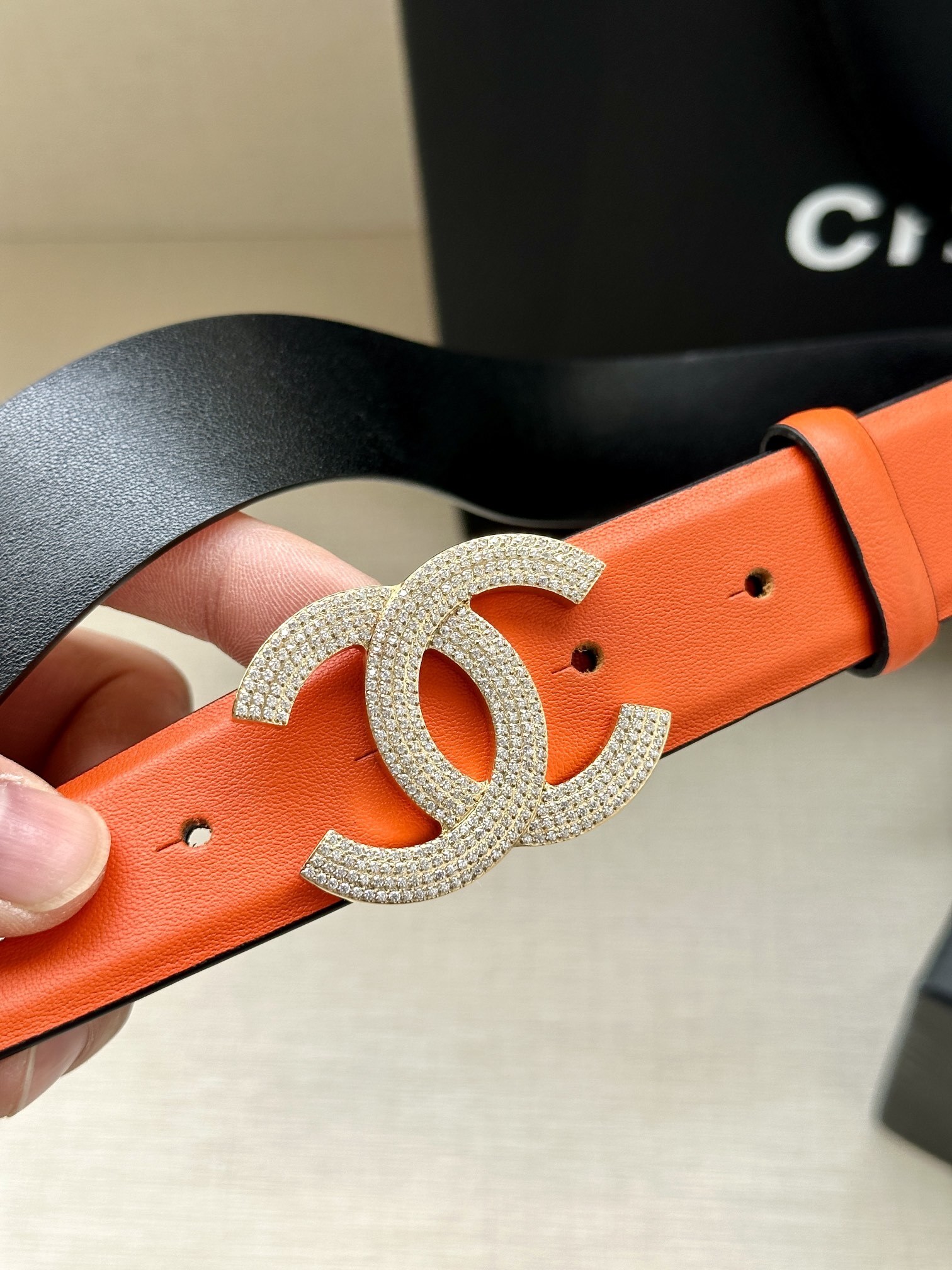 Chanel Crystal CC Buckle Orange Leather Belt for Women