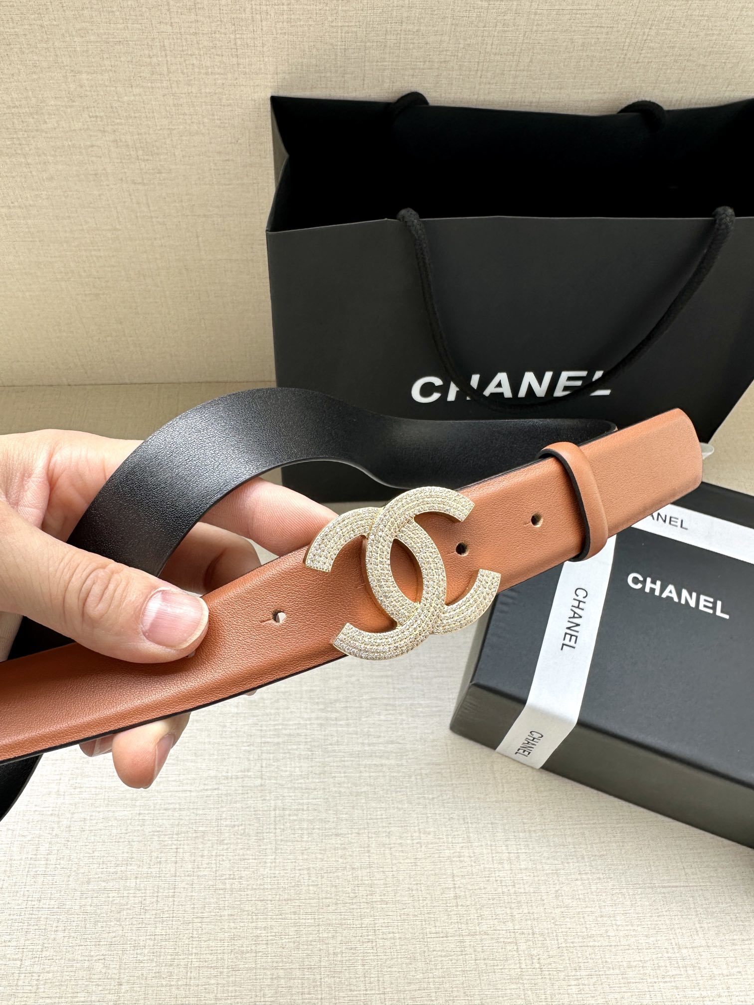 Chanel Crystal CC Buckle Leather Belt - Tan & Black Luxury