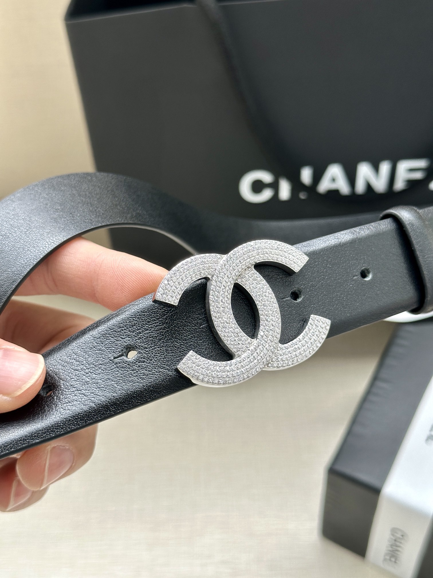 Chanel Crystal CC Buckle Leather Belt in Elegant Black